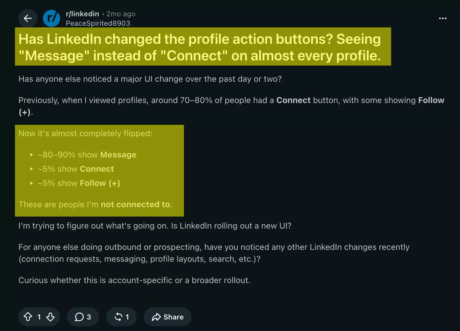 Reddit r/linkedin thread, July 2026: has LinkedIn changed the profile action buttons? 80-90% of out-of-network profiles now show Message instead of Connect