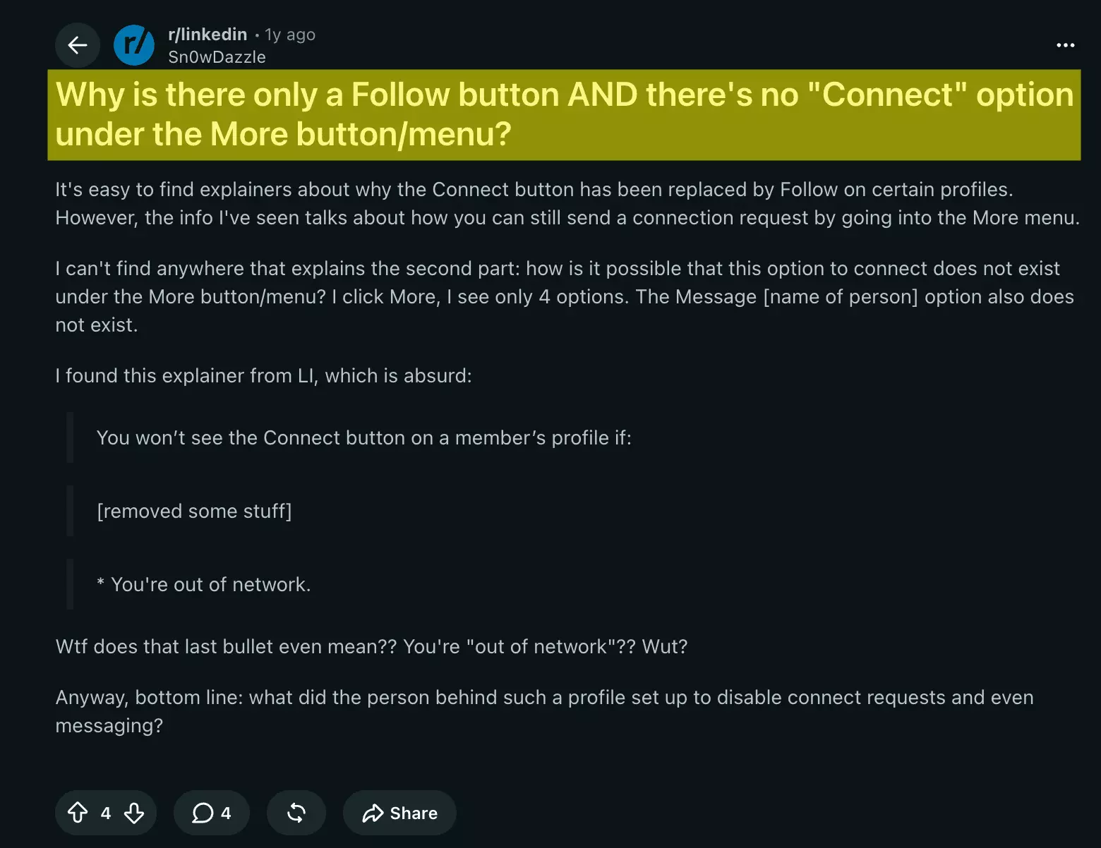 Reddit r/linkedin thread: why is there only a Follow button and no Connect option under the More menu?