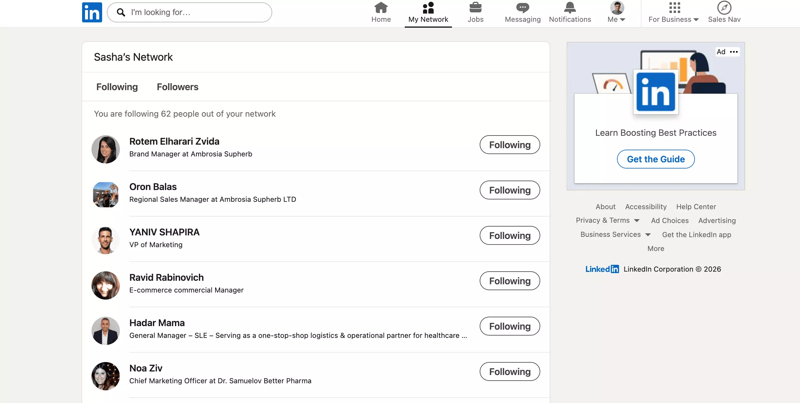 LinkedIn Following and Followers page under Manage my network, showing the Following tab with 62 people followed