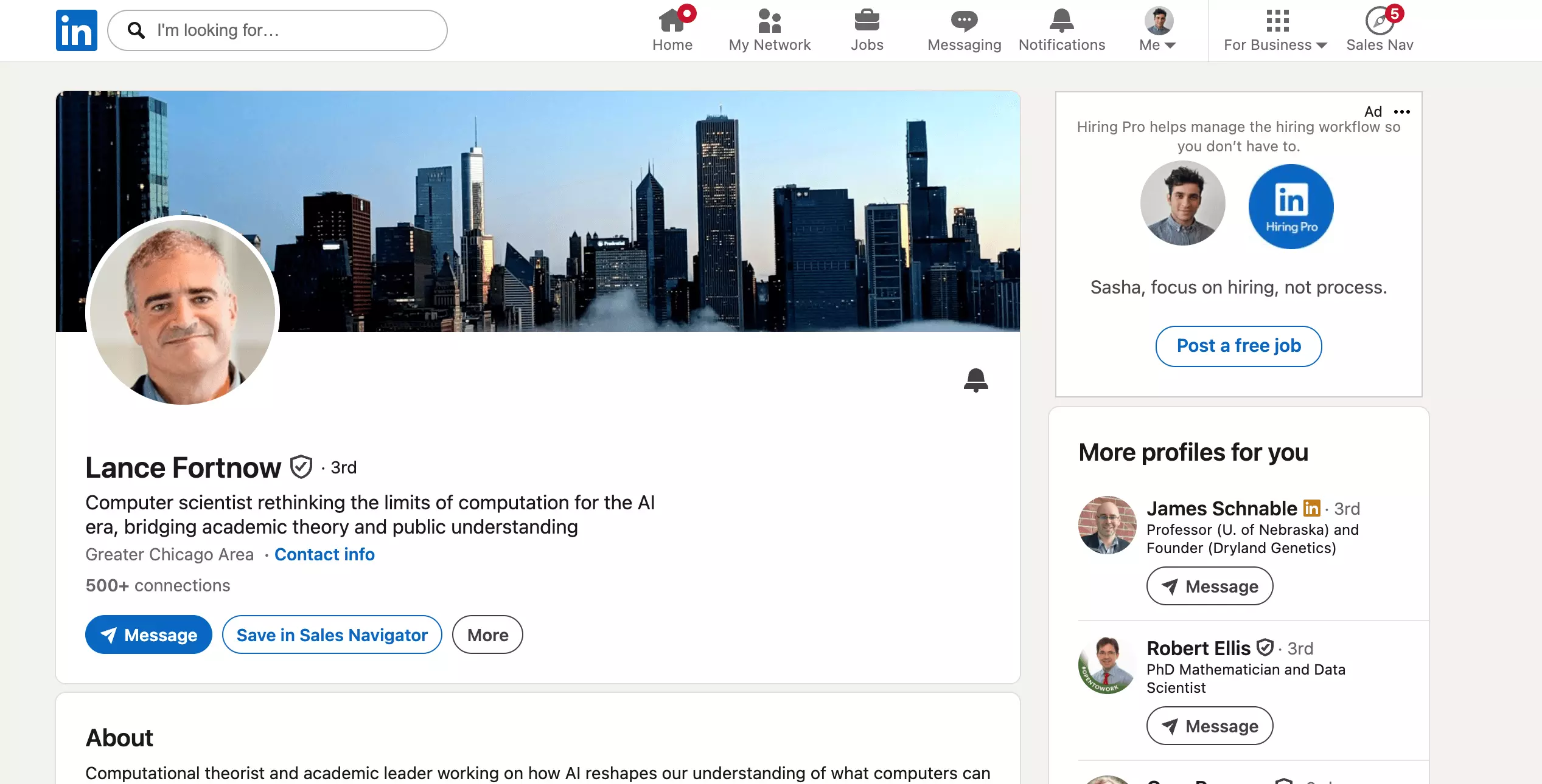 Out-of-network 3rd-degree LinkedIn profile showing Message as the primary button β no Connect in sight