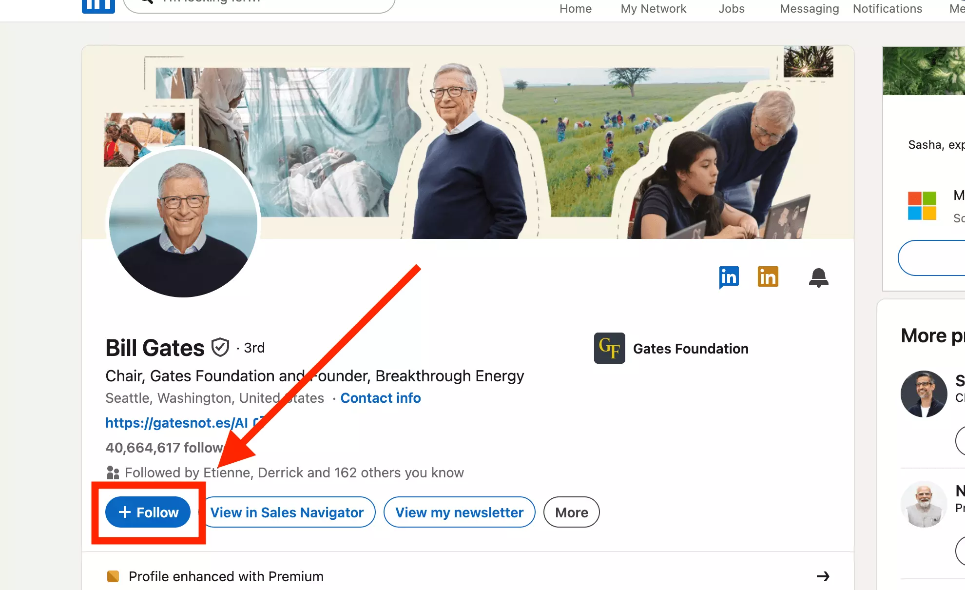 Bill Gates' LinkedIn profile with + Follow as the primary button and 40,664,617 followers