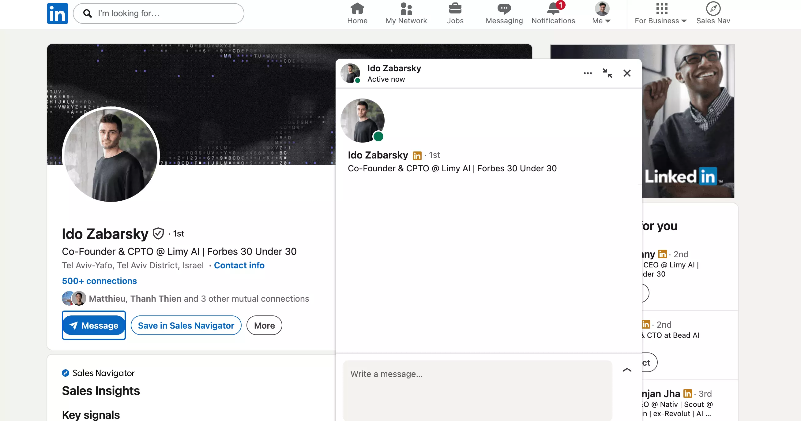 Free direct message box open with a 1st-degree LinkedIn connection