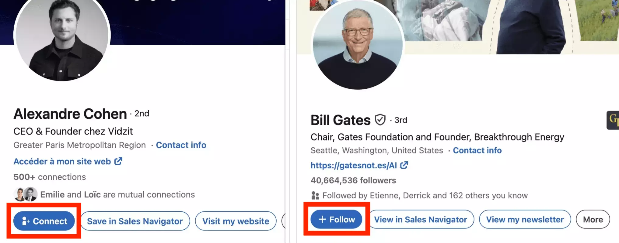 Two LinkedIn profiles side by side: a 2nd-degree profile with the blue Connect primary button, and Bill Gates' follow-primary profile with the + Follow button
