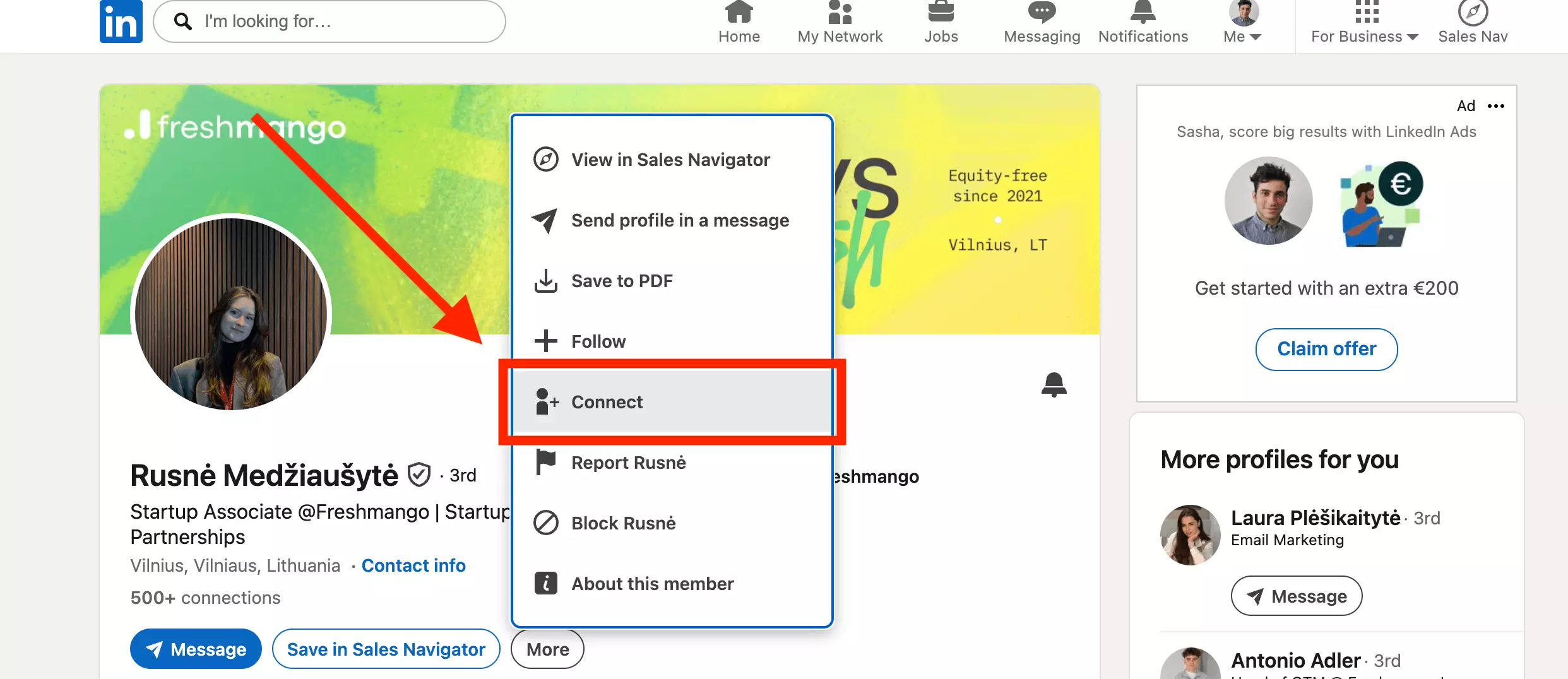 Out-of-network LinkedIn profile with the More dropdown open: the Connect option sits in the menu, below Follow