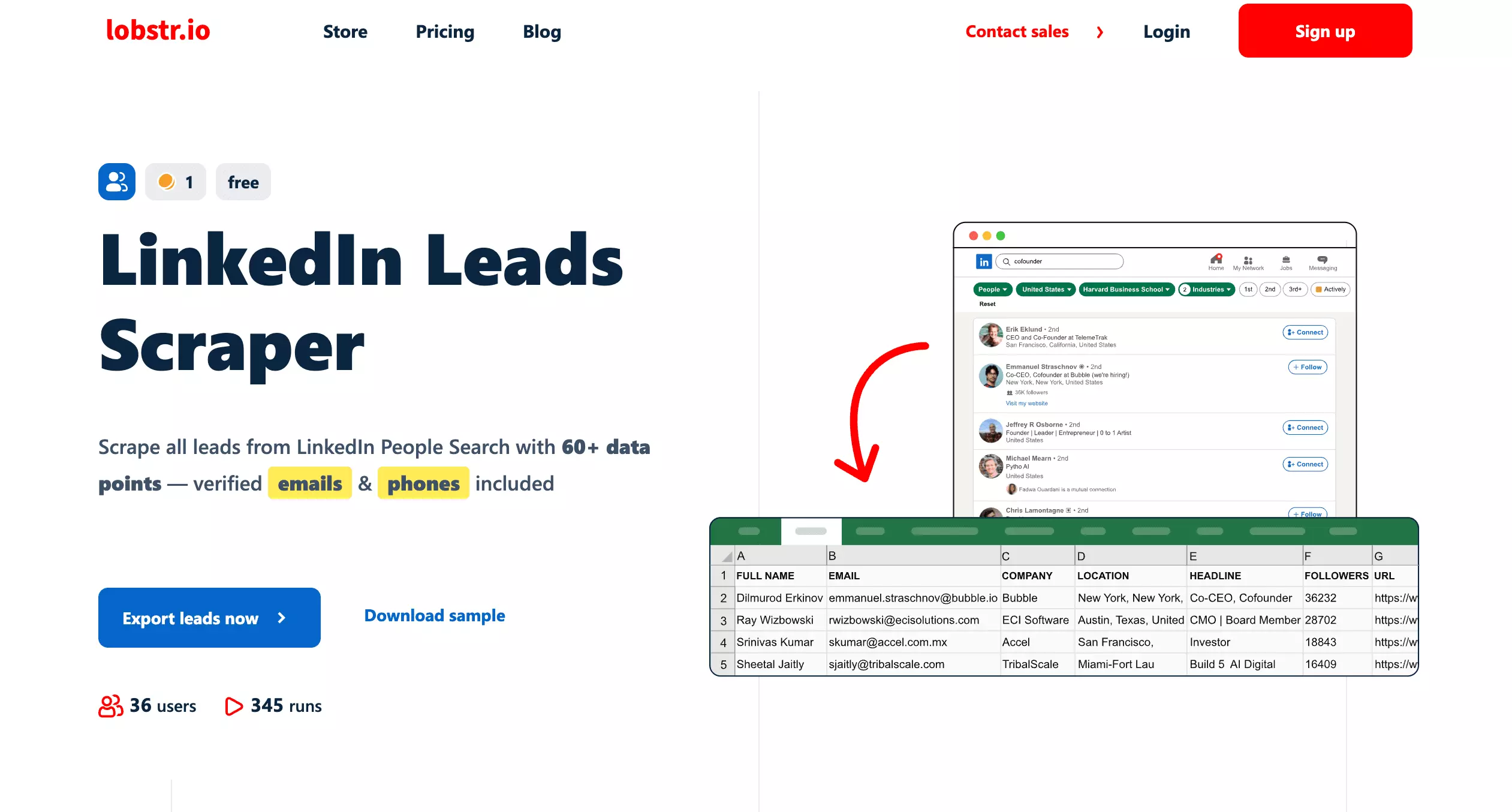 lobstr.io LinkedIn Leads Scraper: scrape all leads from LinkedIn People Search with 60+ data points, verified emails and phones included
