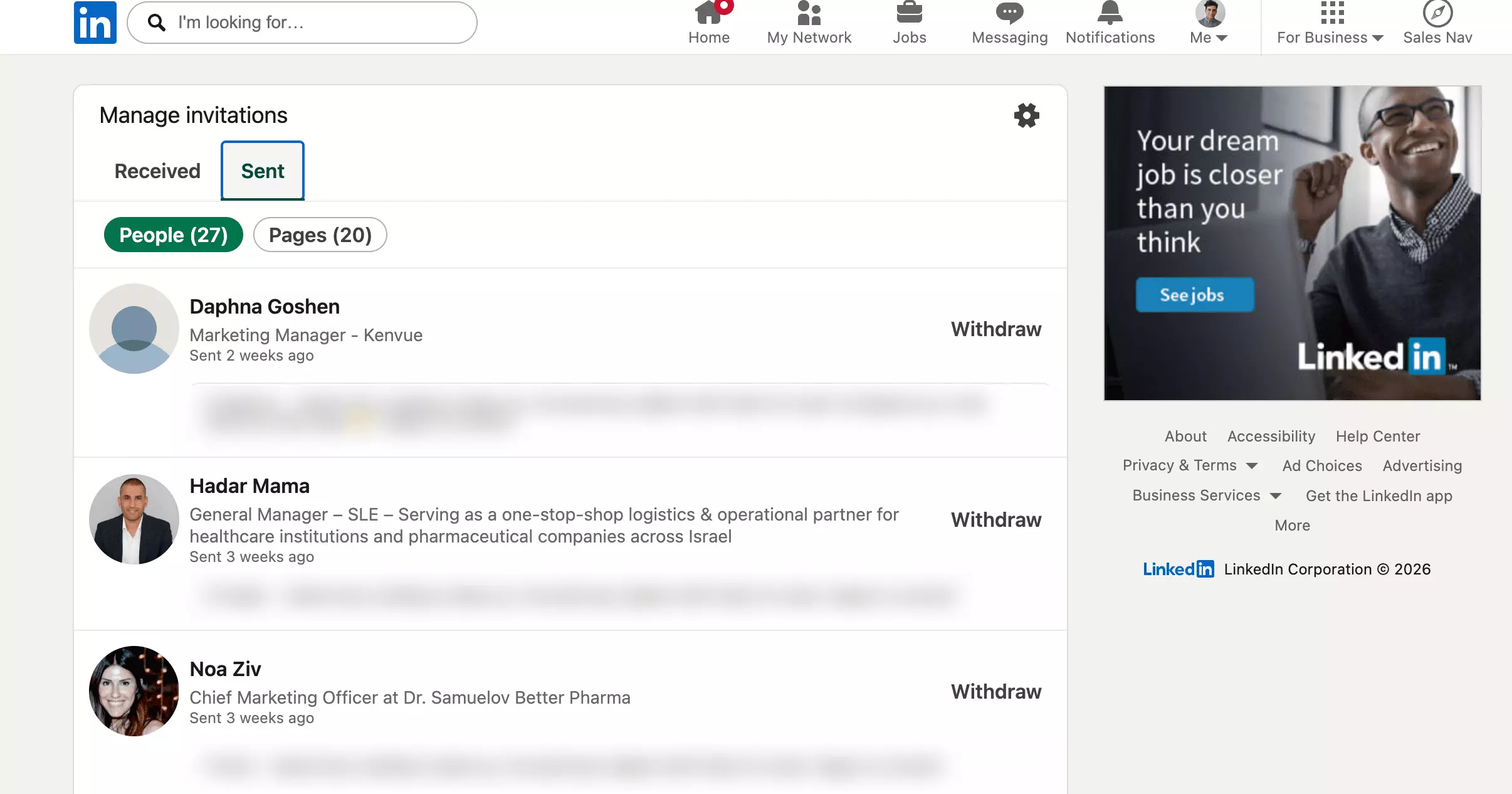 LinkedIn Manage invitations Sent tab with 27 pending people invitations, three of them sent 2-3 weeks ago