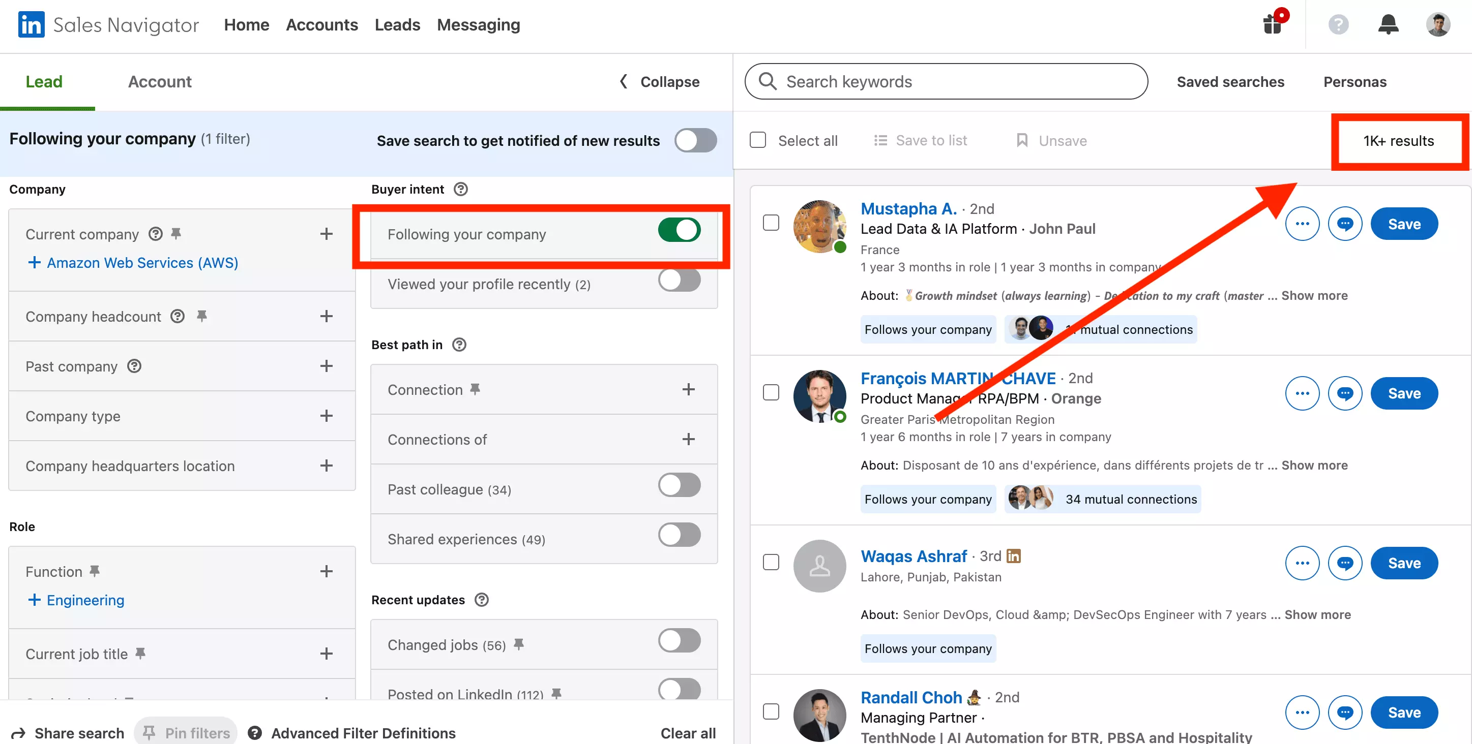 Sales Navigator lead search with the Following your company filter on, showing 1K+ results with Follows your company badges