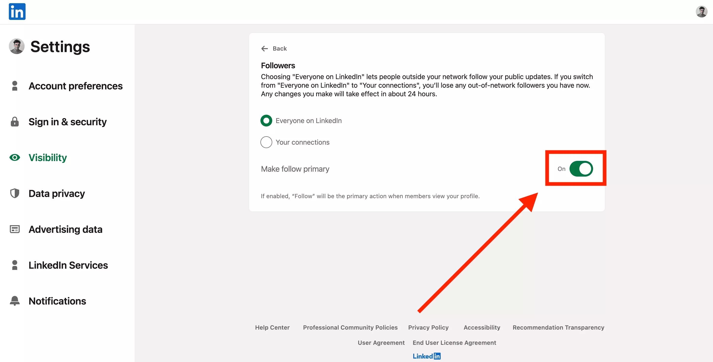 LinkedIn Settings, Visibility, Followers: the Make follow primary toggle switched on