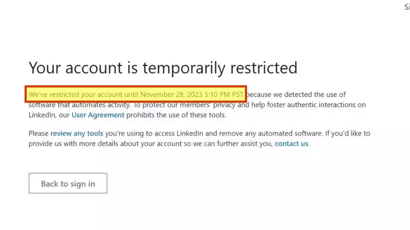 LinkedIn warning: your account has been temporarily restricted