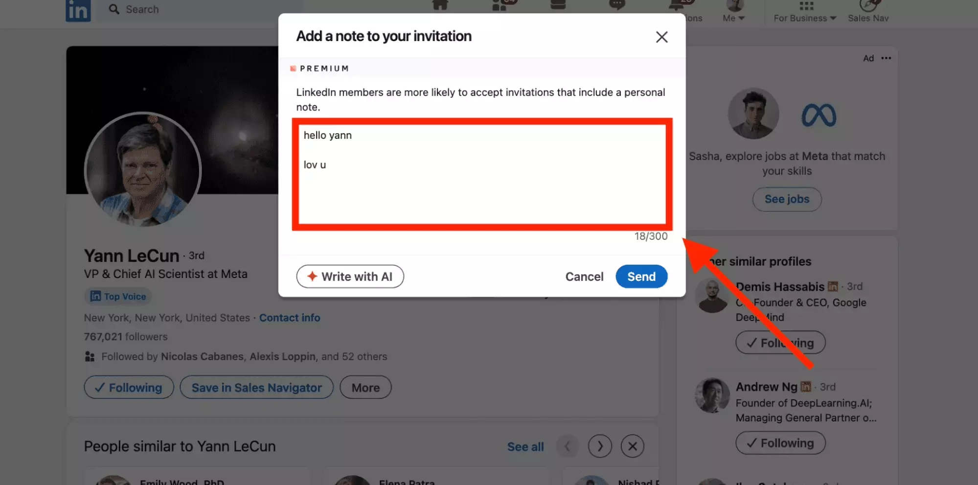 LinkedIn connection request dialog with the Add a note option — free accounts only get a handful of notes a month