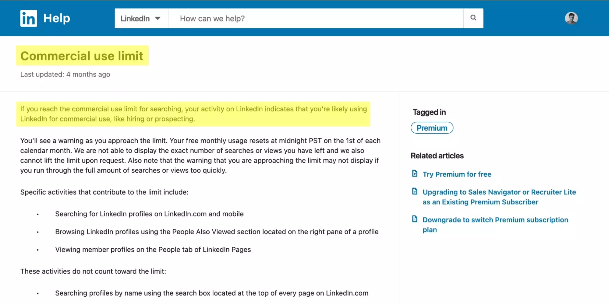 LinkedIn Help Center article on the commercial use limit