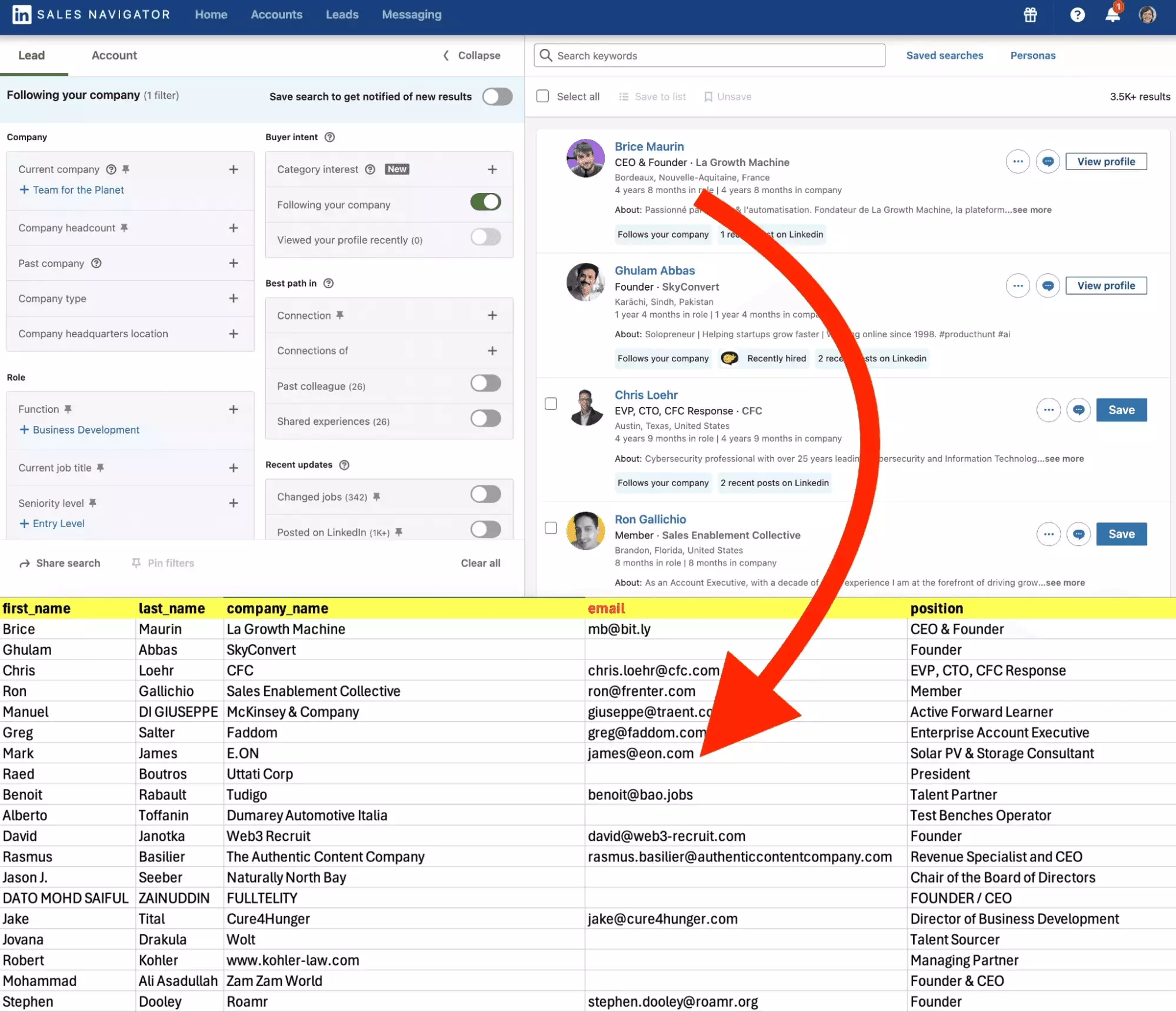 LinkedIn leads exported to a CSV with enriched, verified email addresses