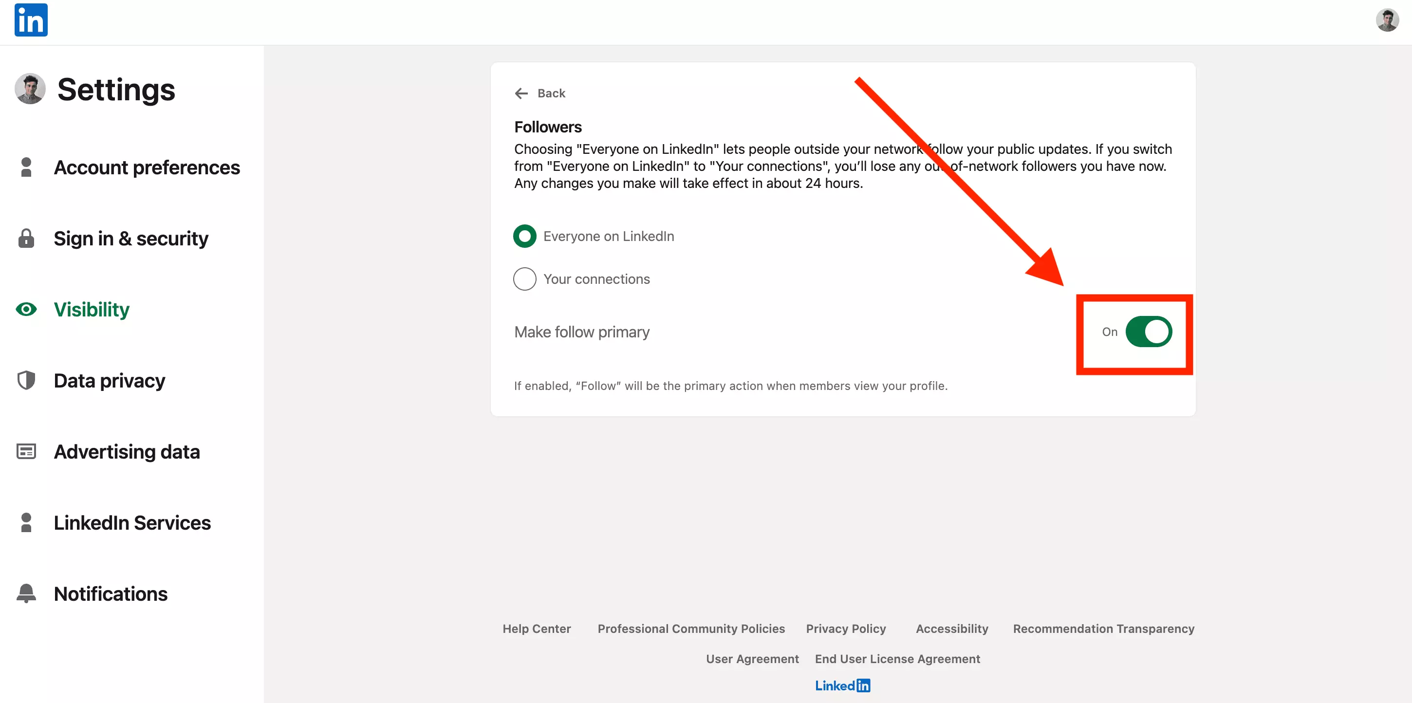 LinkedIn settings: Visibility, Followers, Make follow primary toggle