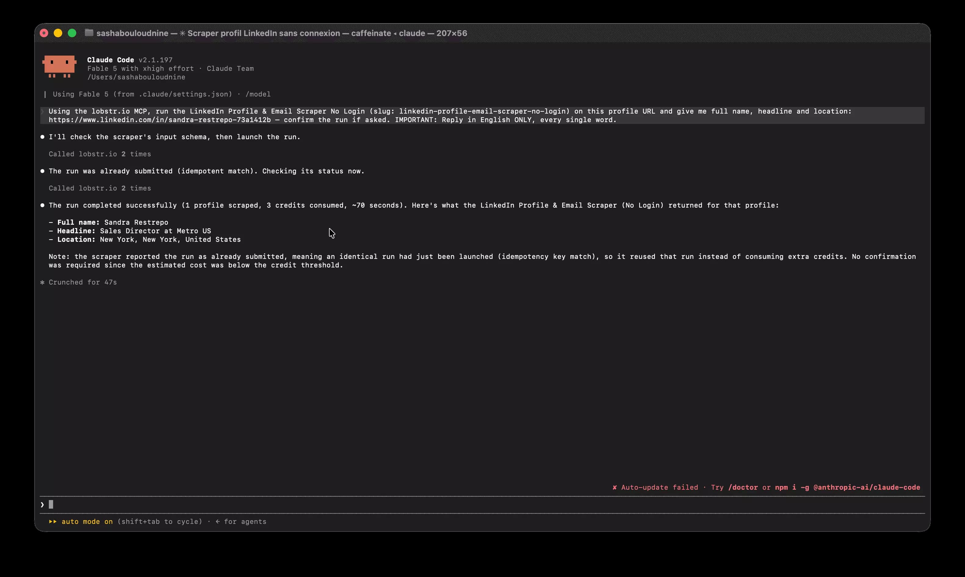 Claude Code runs the LinkedIn Profile and Email Scraper (No Login) through the lobstr.io MCP: full name, headline and location returned in 70 seconds for 3 credits
