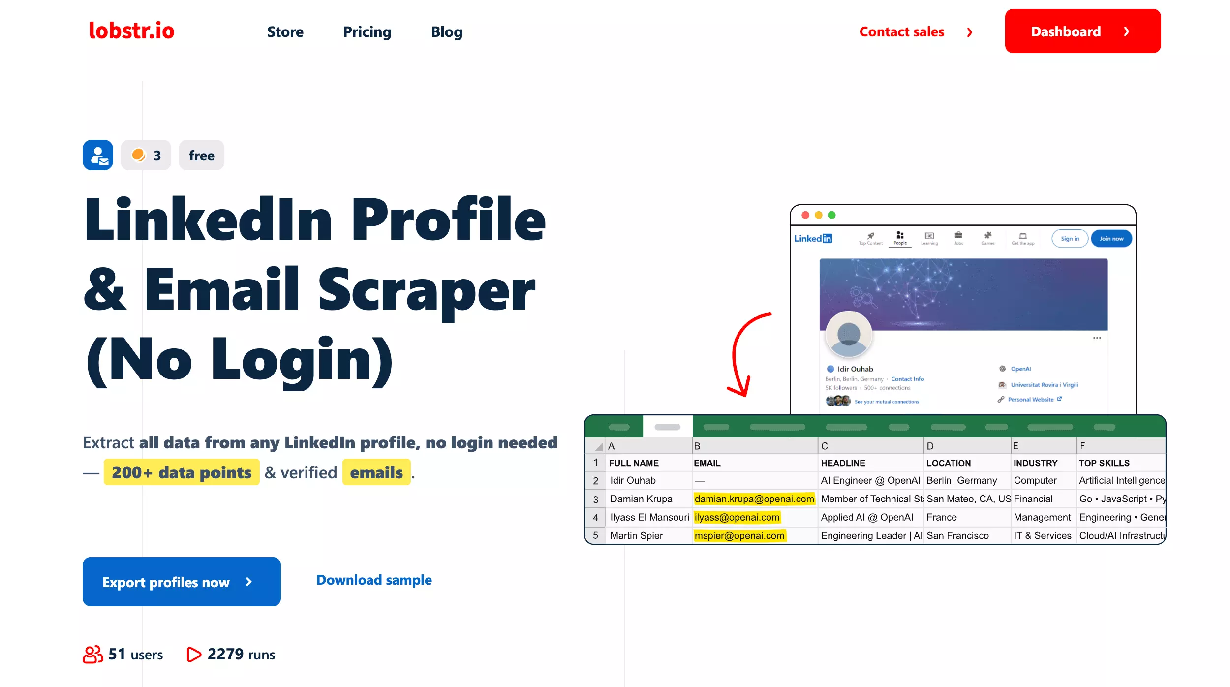 lobstr.io LinkedIn Profile and Email Scraper (No Login) — 200+ data points and verified emails, no login needed