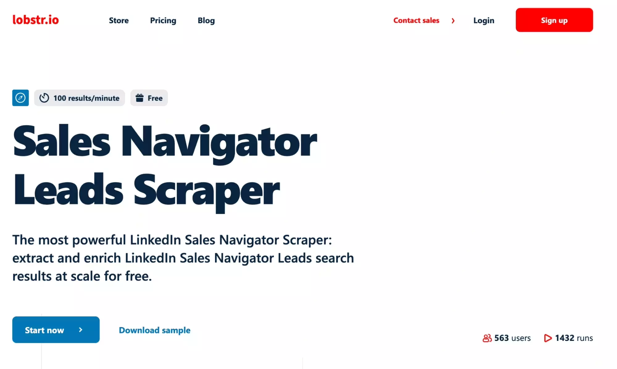 lobstr.io Sales Navigator Leads Scraper product page — session-based, exports your lead searches to CSV