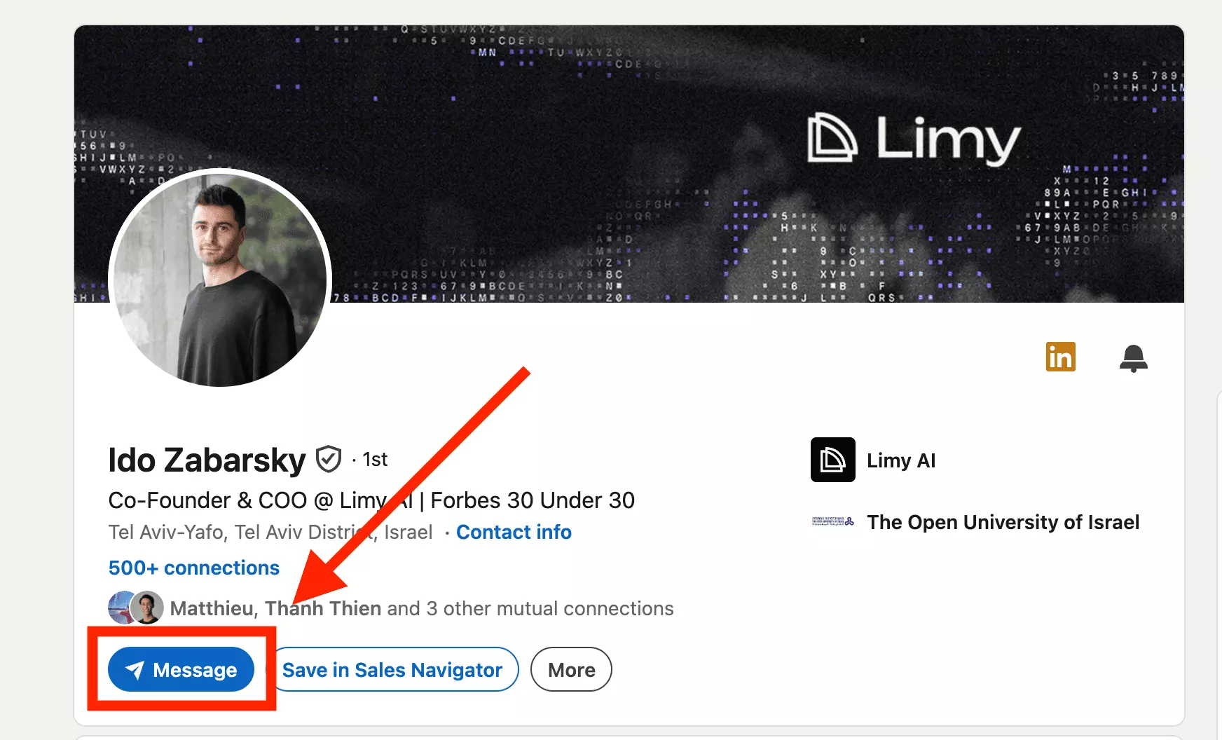 The Message button on a first-degree LinkedIn connection's profile