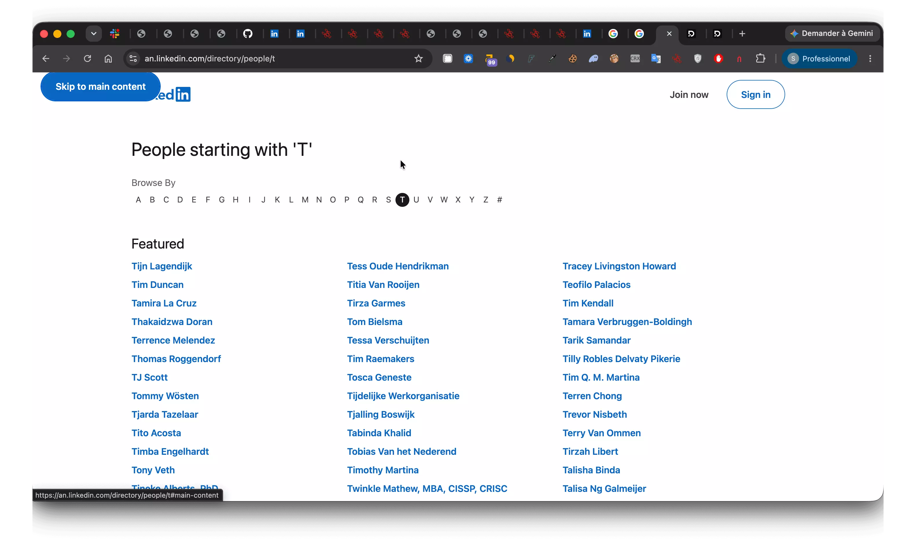 A live LinkedIn people directory page: People starting with T, an A-Z index bar, and a grid of public profile links