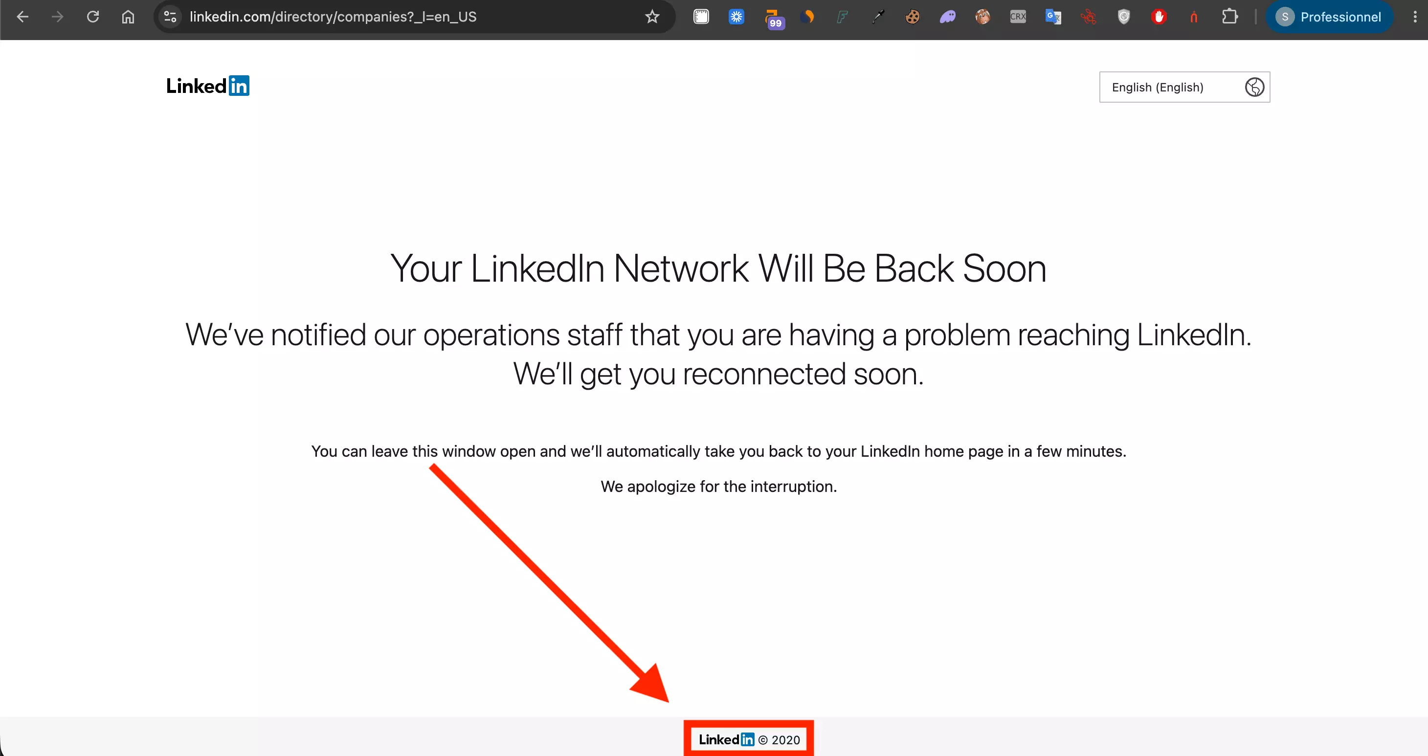 The LinkedIn company directory returning the same 2026 error page as the people directory