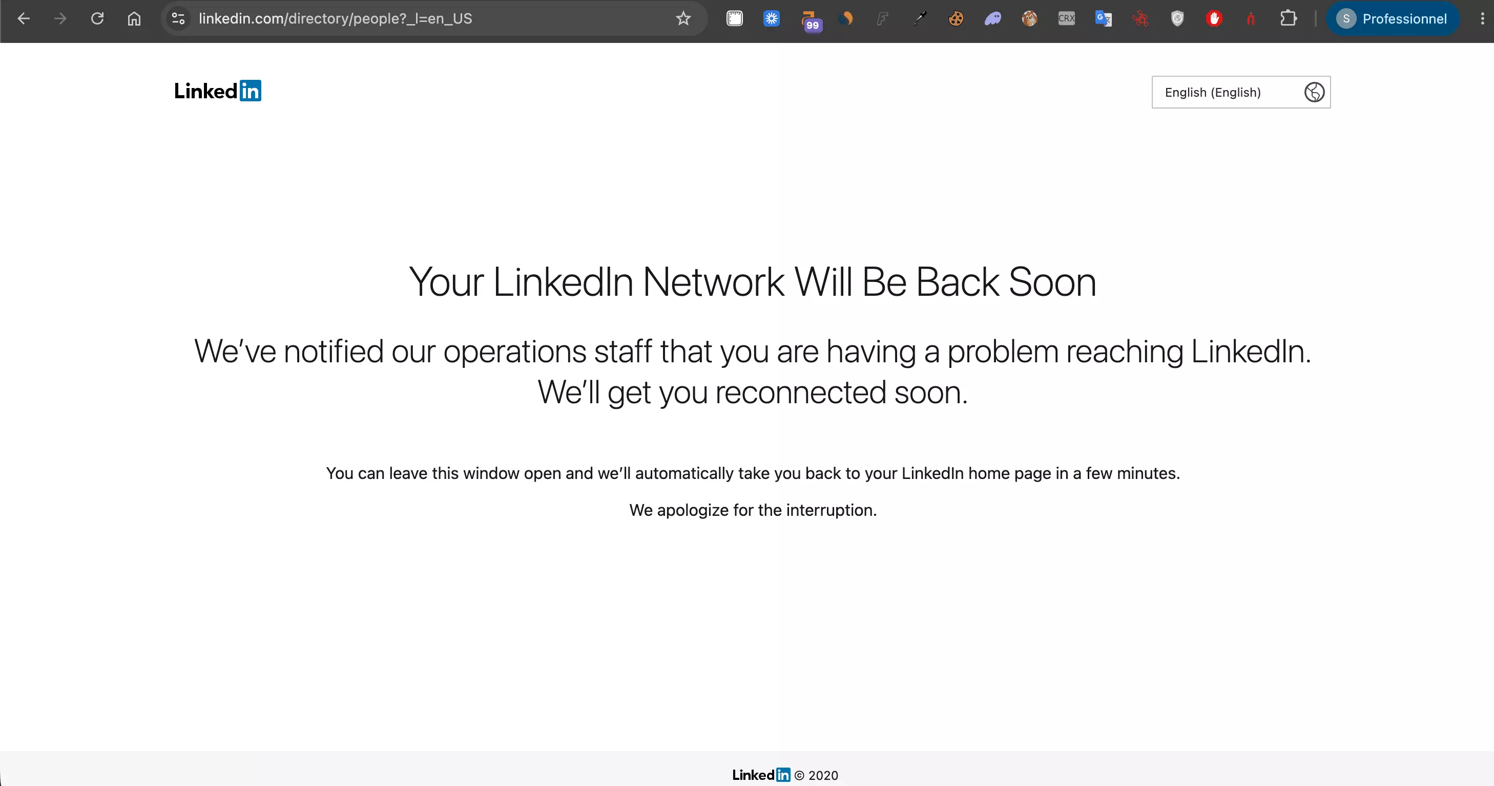LinkedIn error page on the people directory in 2026: Your LinkedIn Network Will Be Back Soon, footer dated 2020