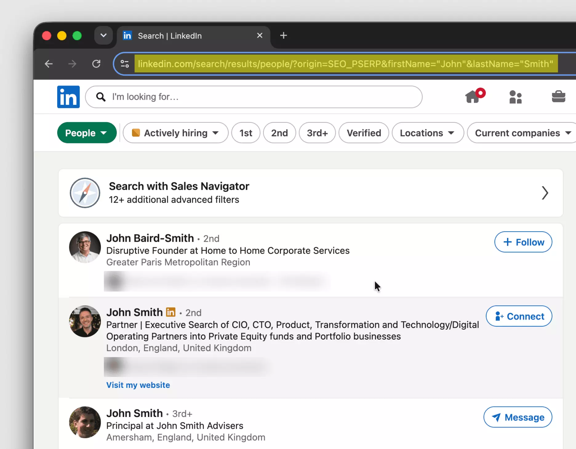 LinkedIn redirecting the legacy /pub/dir/John/Smith URL to people search results: the URL bar shows origin=SEO_PSERP with quoted firstName and lastName filters above John Smith profile results