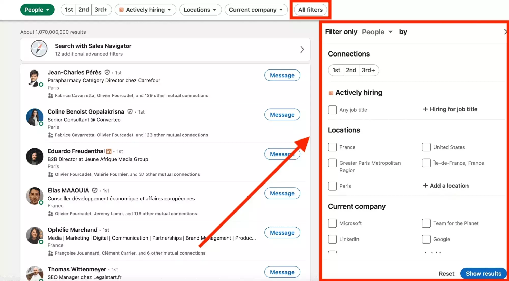 LinkedIn People Search All filters panel showing connections, actively hiring, locations, and current company