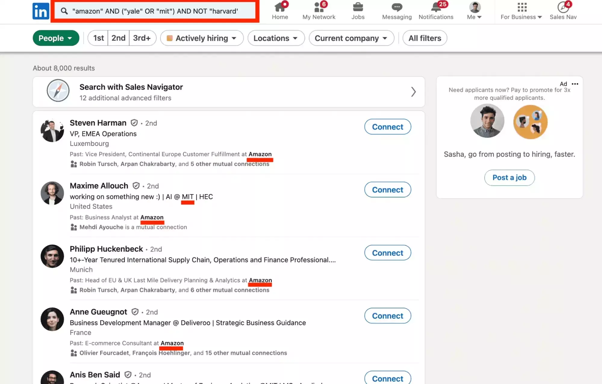 A LinkedIn People Search boolean query combining AND, OR and NOT operators