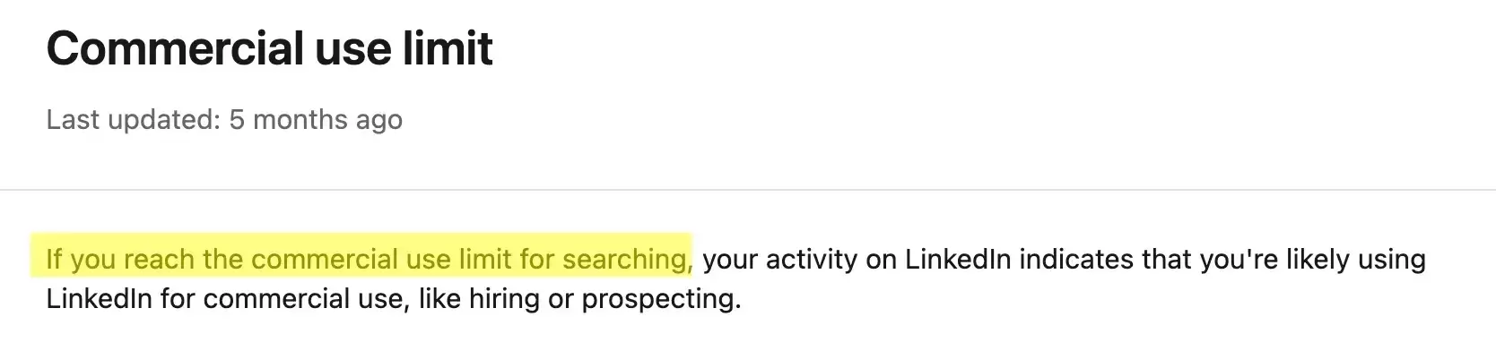 LinkedIn Help article explaining the commercial use limit for searching, with the relevant sentence highlighted