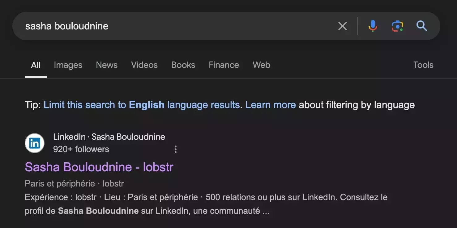 A Google name search returning the person's public LinkedIn profile as the top result