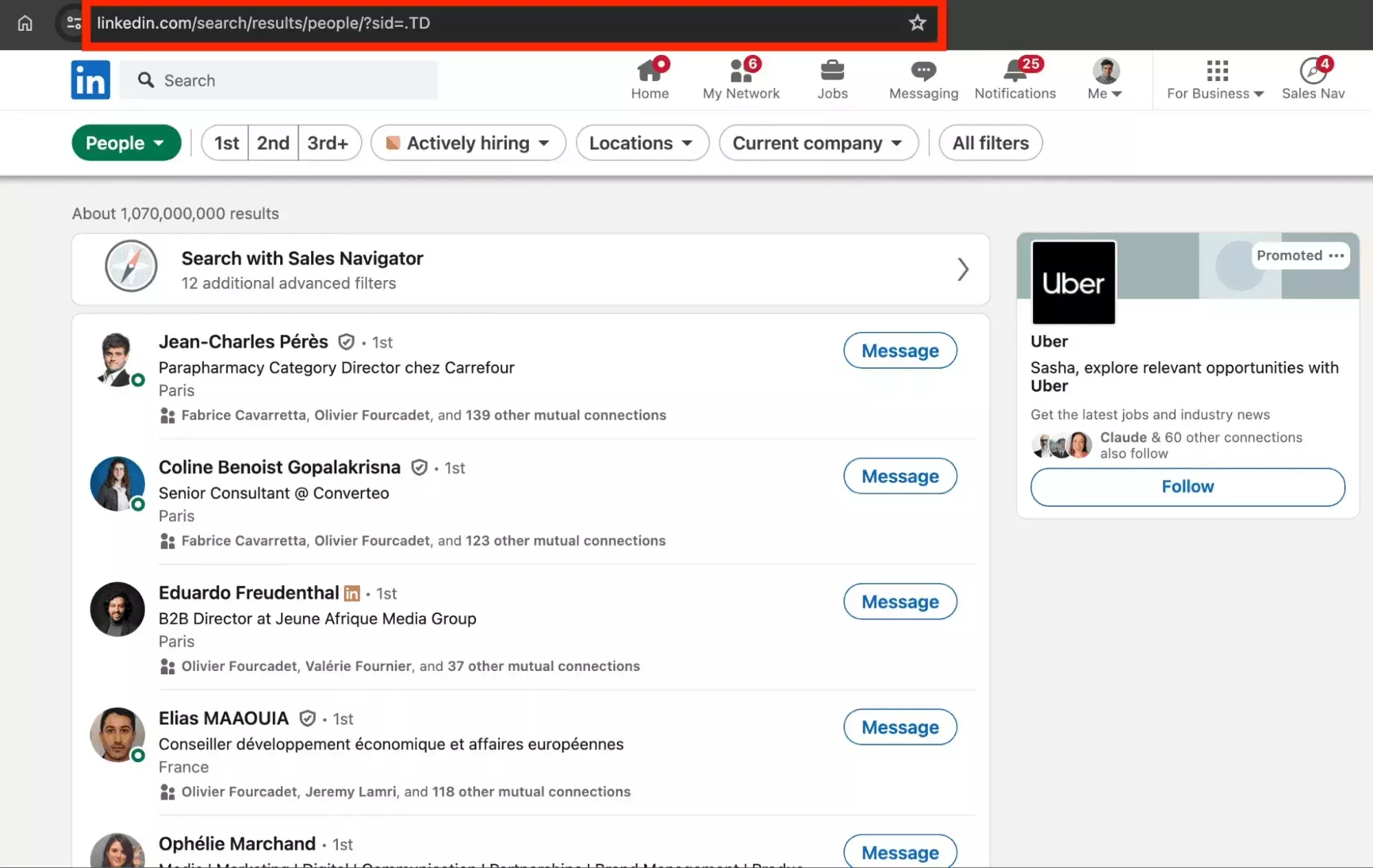 The LinkedIn People Search interface, the searchable front end to the member directory