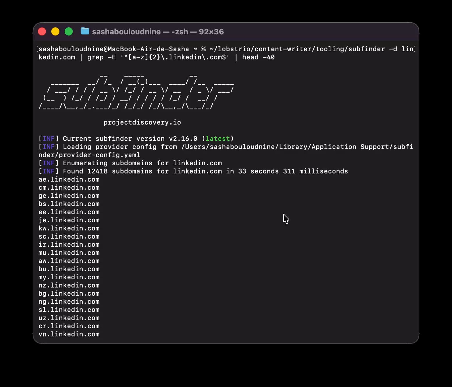 Terminal running subfinder -d linkedin.com — 12,418 LinkedIn subdomains enumerated, country codes like ae, nz, ng and cr scrolling past