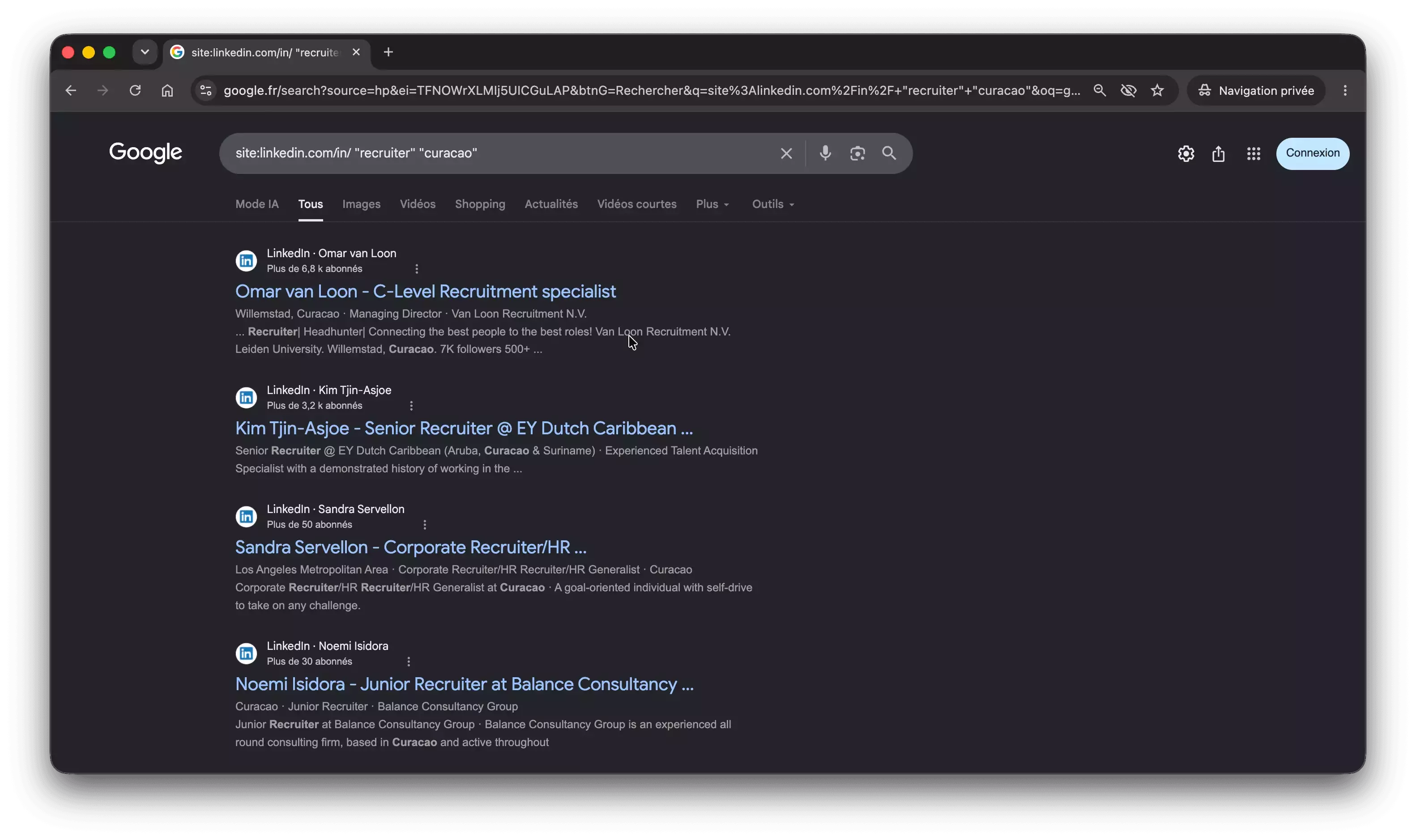 Google results for a site:linkedin.com/in/ recruiter Curacao X-ray search