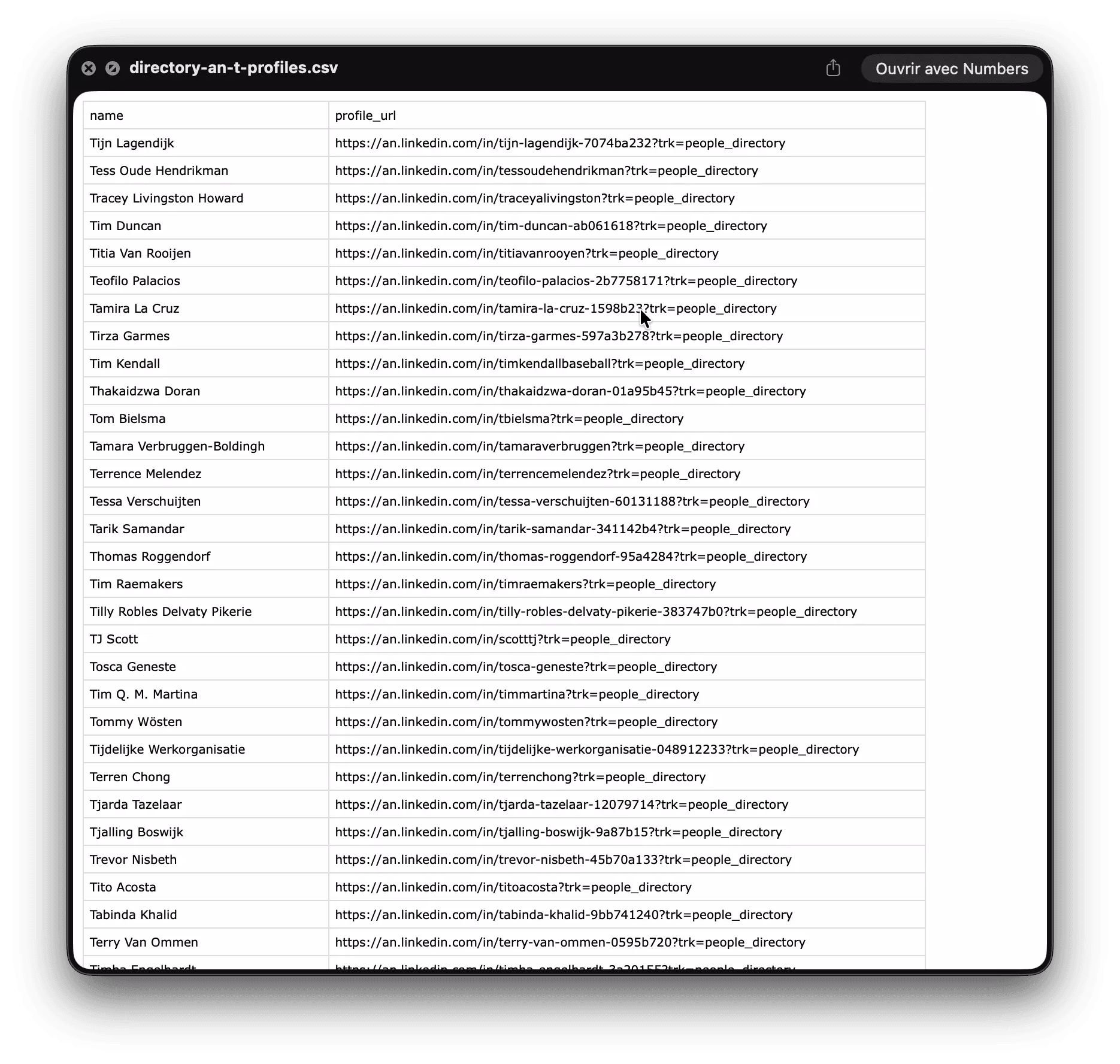 The extracted CSV: 492 rows of name and public LinkedIn URL pulled from one directory letter page