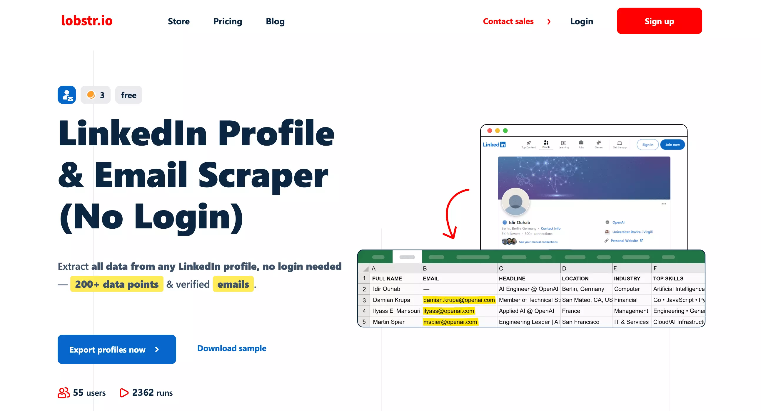 The lobstr.io LinkedIn Profile & Email Scraper (No Login) product page