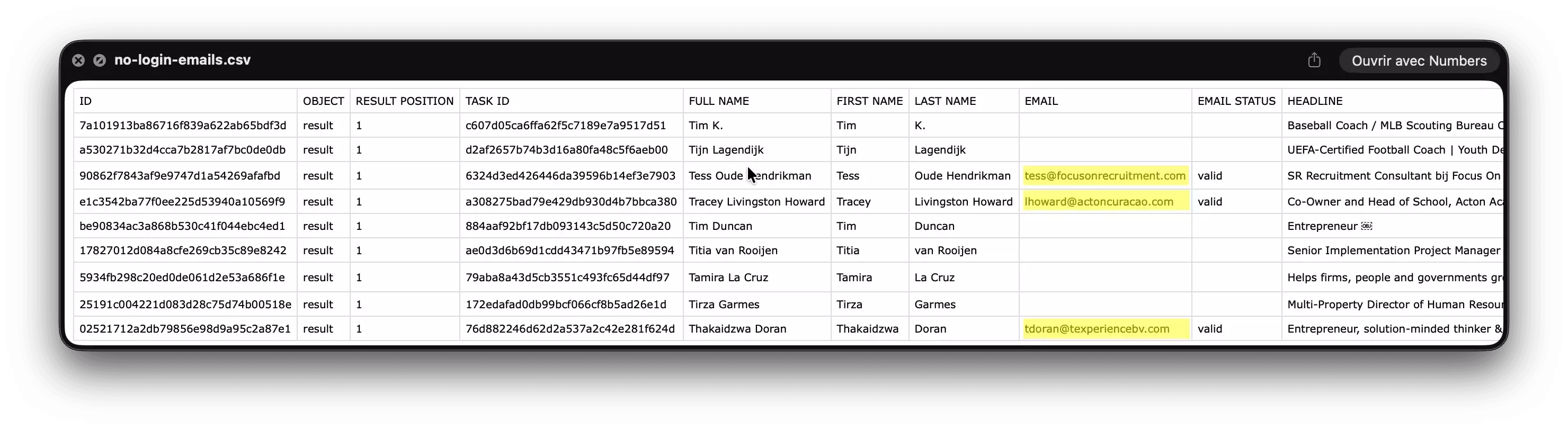 Actual no-login scraper CSV showing nine output records, including three emails with valid status