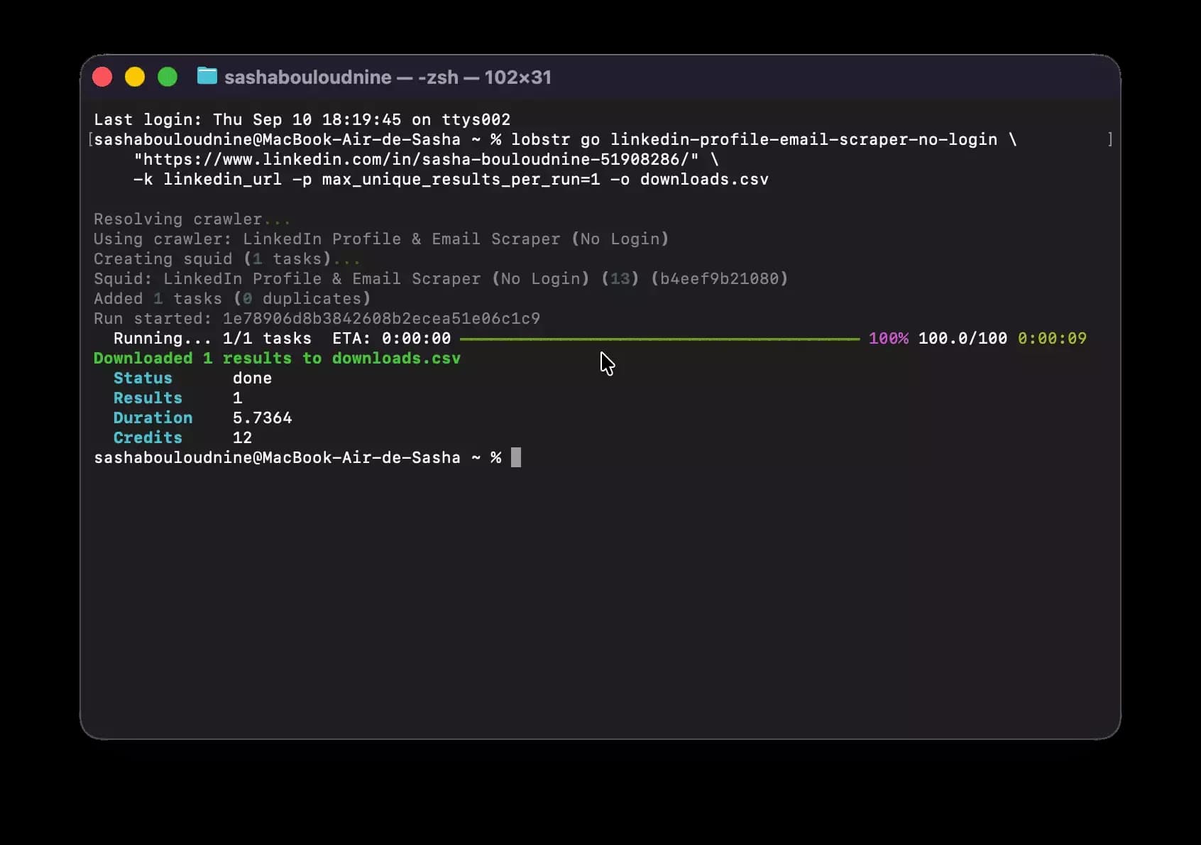 Terminal running lobstr go on one LinkedIn profile, completing the run and automatically downloading one result to downloads.csv