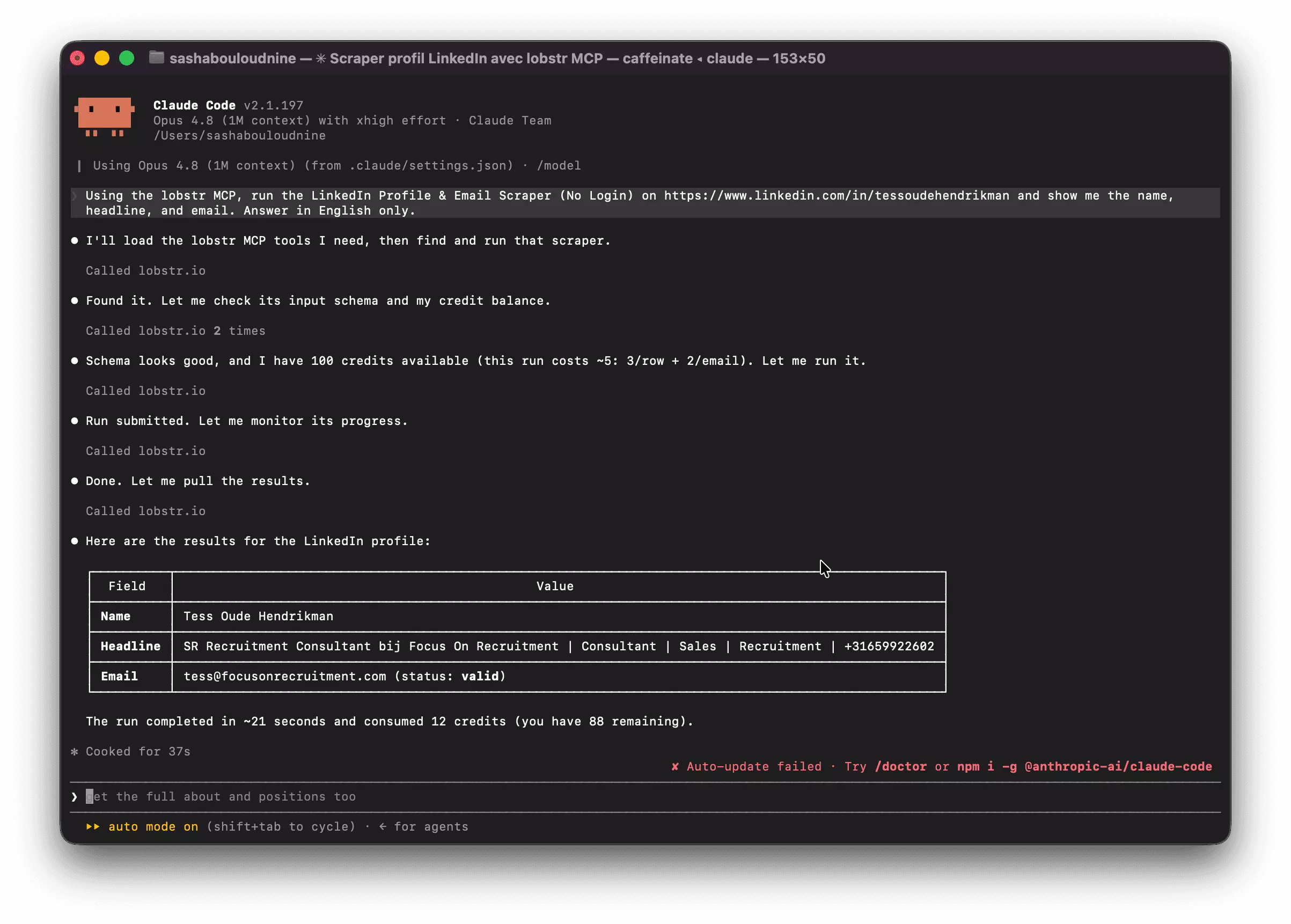Claude driving the lobstr.io MCP — the No-Login scraper returns a directory profile's name, headline, and valid email