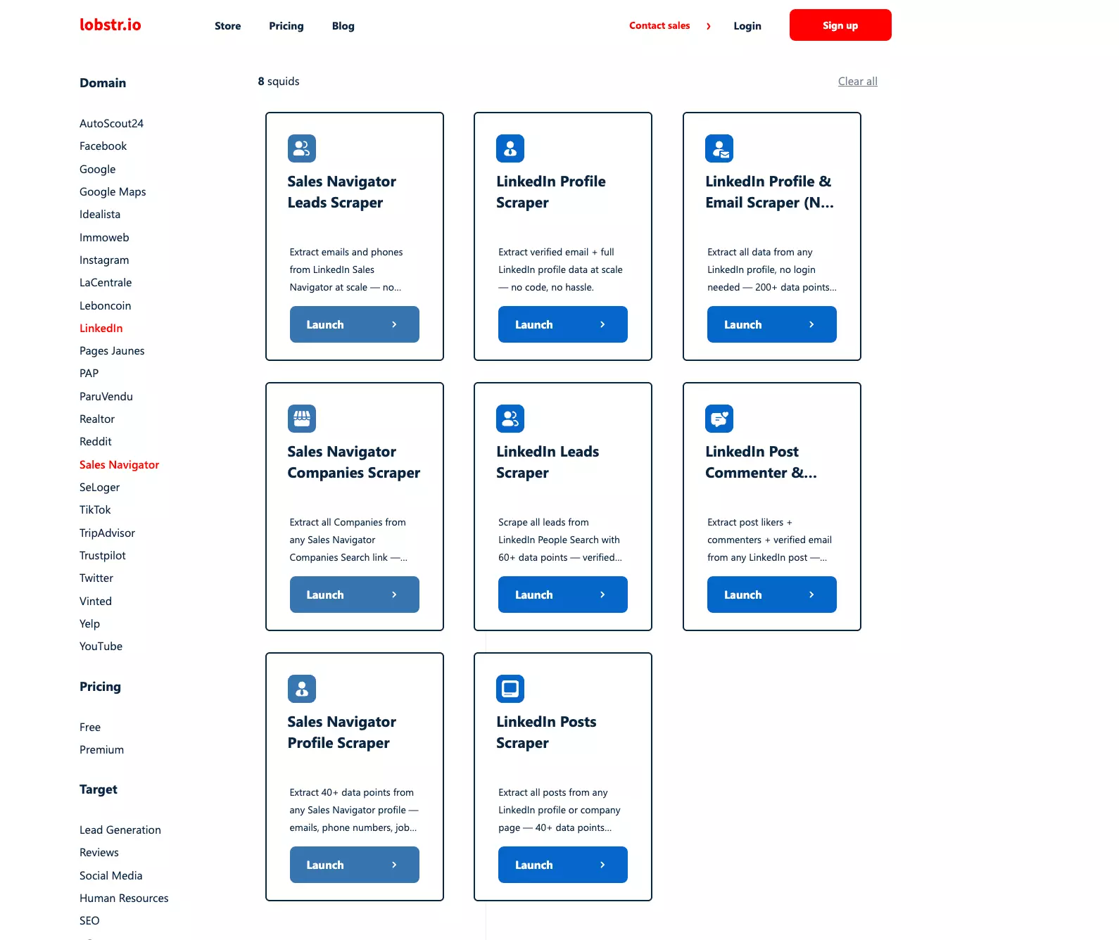 The lobstr.io store filtered to LinkedIn — eight scrapers including Sales Navigator Leads, LinkedIn Leads, Sales Navigator Companies, and LinkedIn Posts