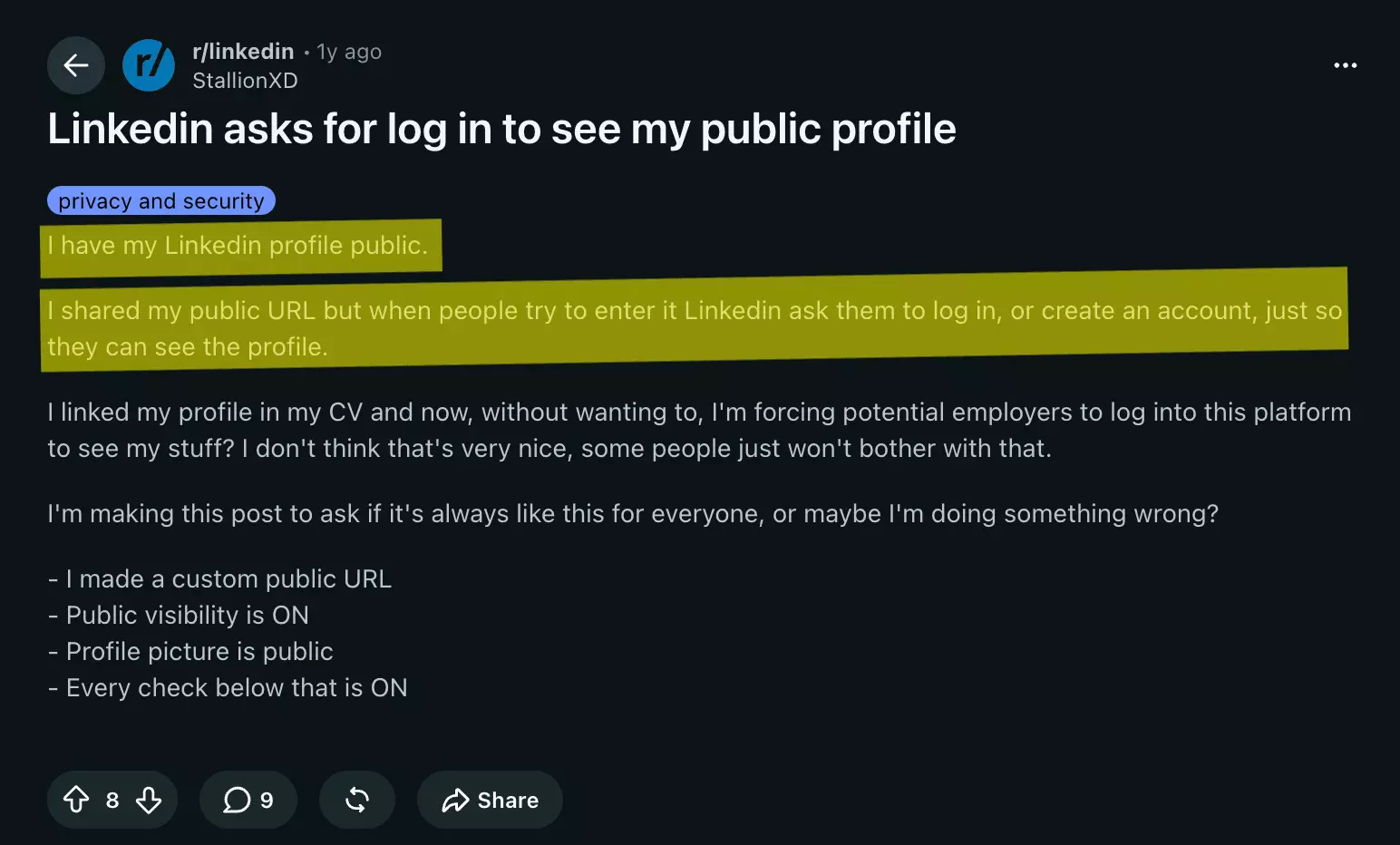 Reddit user StallionXD reports that visitors must log in to view their LinkedIn profile despite public visibility being enabled