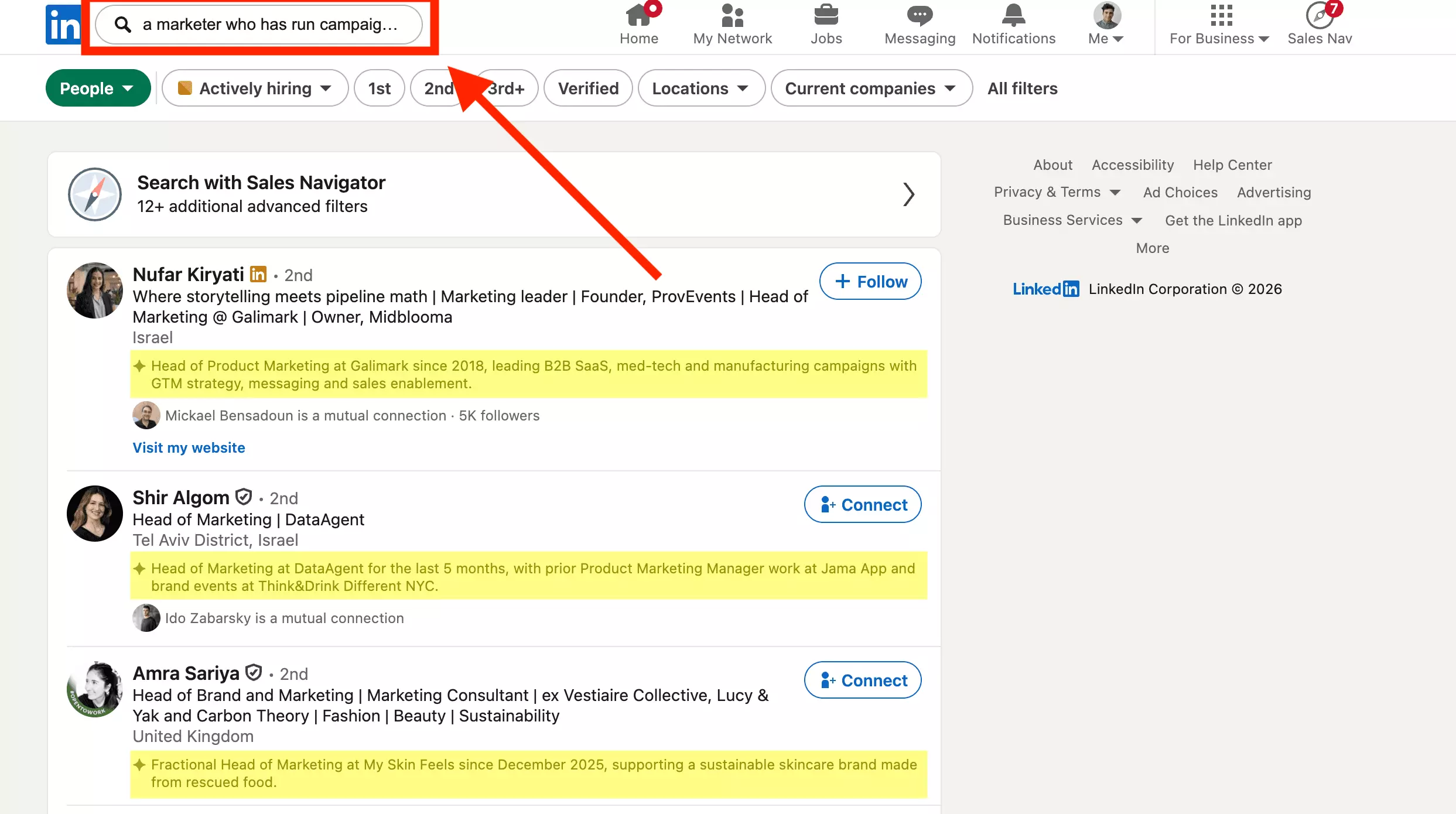 LinkedIn AI people search: a full-sentence query (a marketer who has run campaigns, boxed in red) with a one-line AI summary highlighted under each result