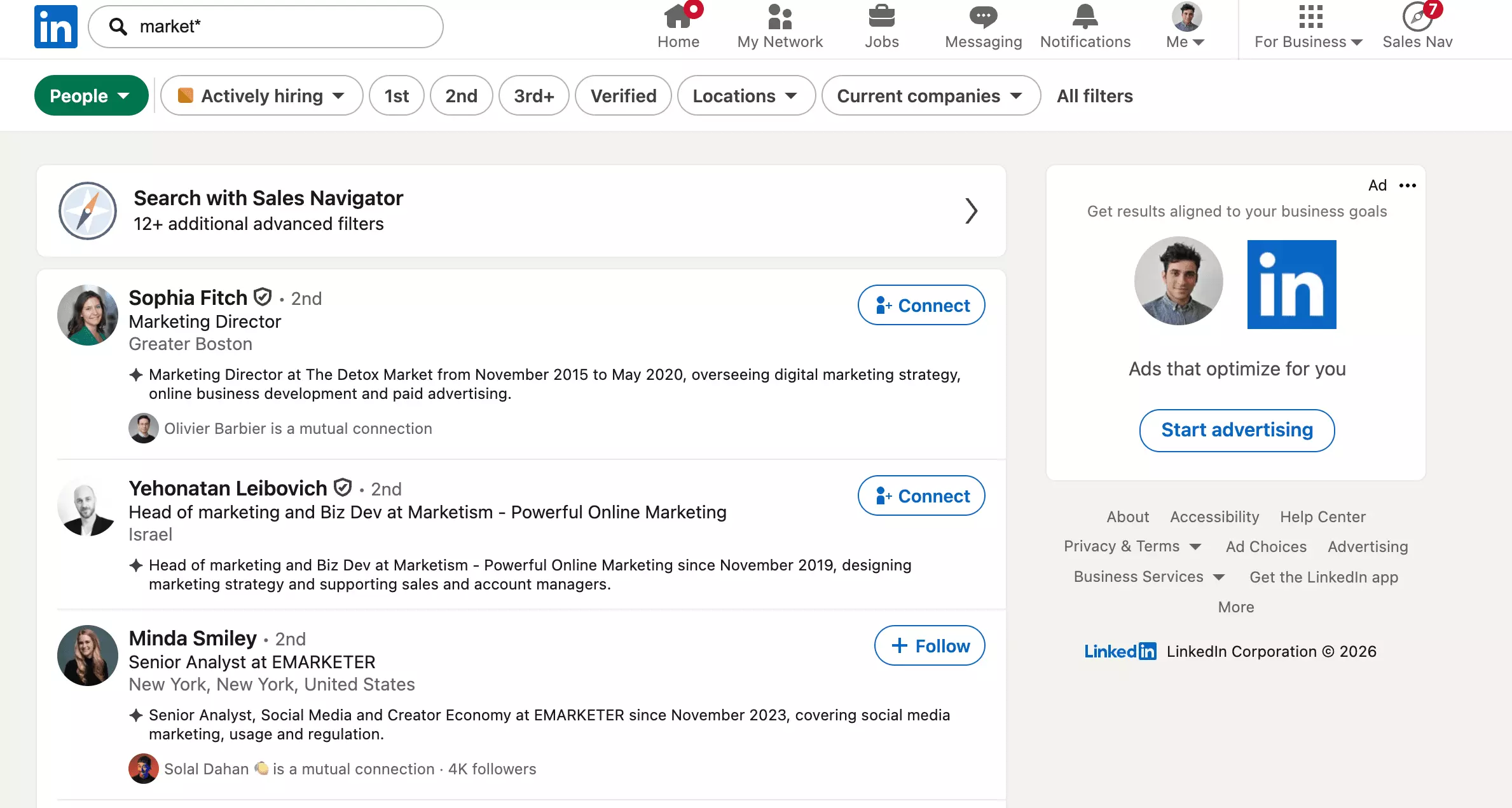A LinkedIn people search for market with an asterisk, returning Marketing Director, Head of marketing and EMARKETER results as the semantic engine expands the stem on its own