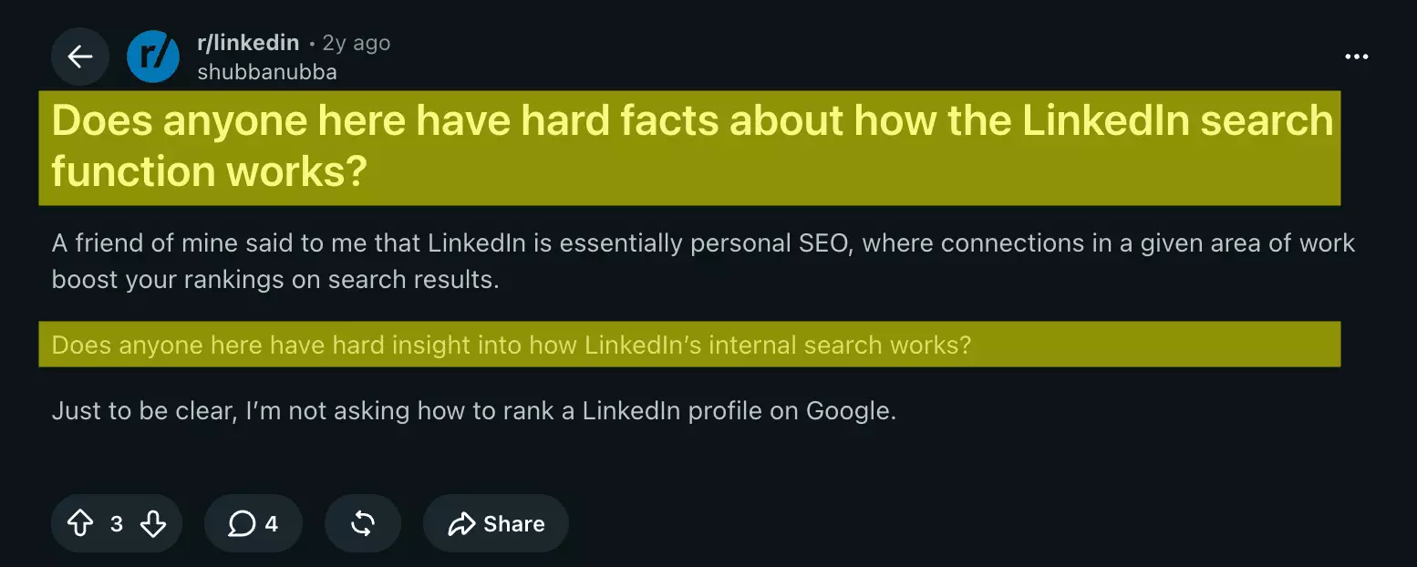 Reddit r/linkedin thread asking for hard facts about how the LinkedIn search algorithm works, showing even power users are guessing