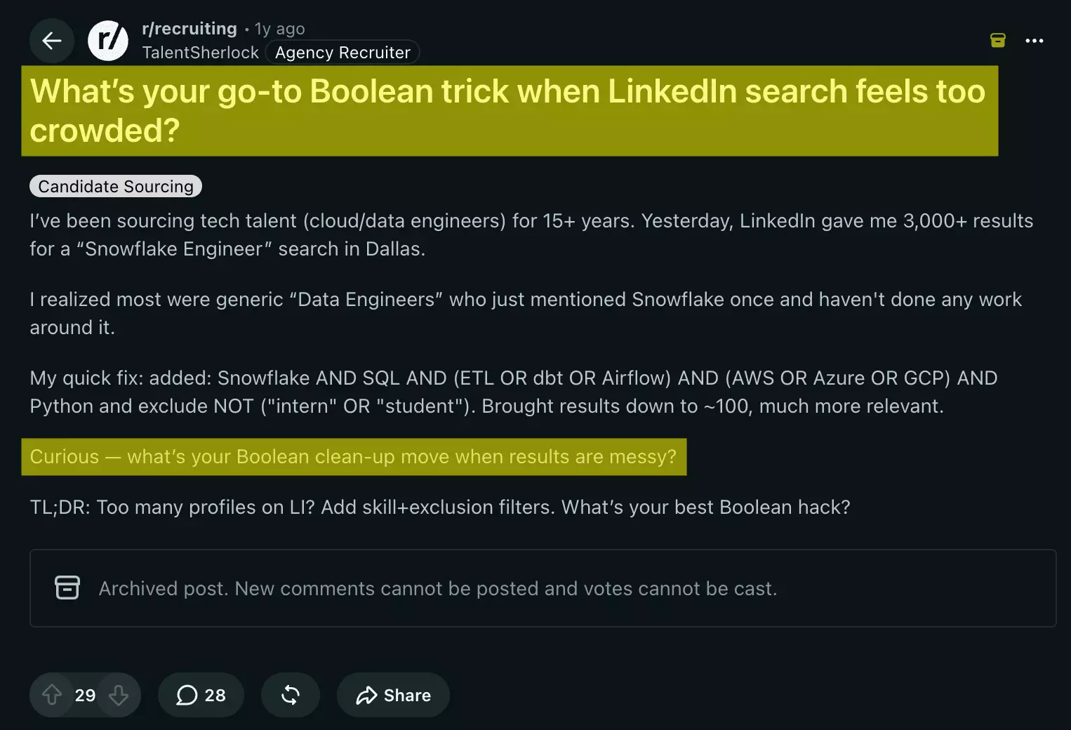 Reddit r/recruiting thread on go-to Boolean tricks for when LinkedIn search feels broken after the AI change