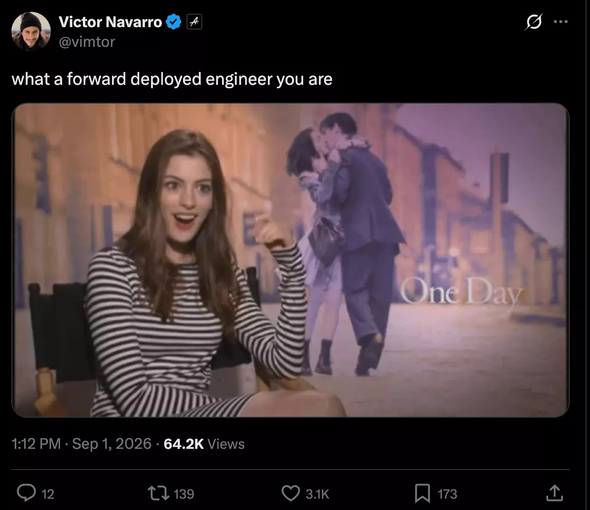 A tweet describing the forward deployed engineer role and why it is in demand