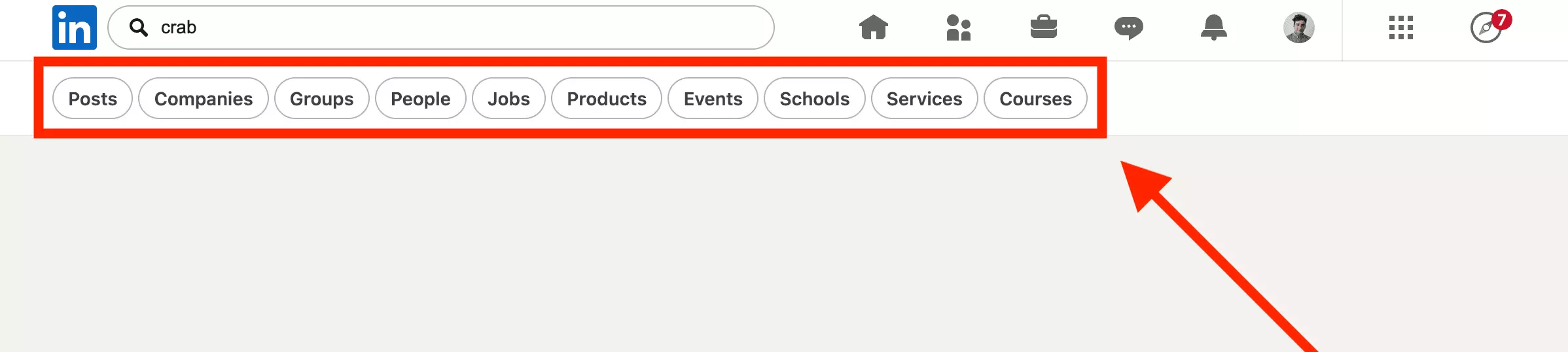 LinkedIn people search results for the keyword crab, showing the People tab, filter pills, ten profiles, and pagination — with no total result count displayed