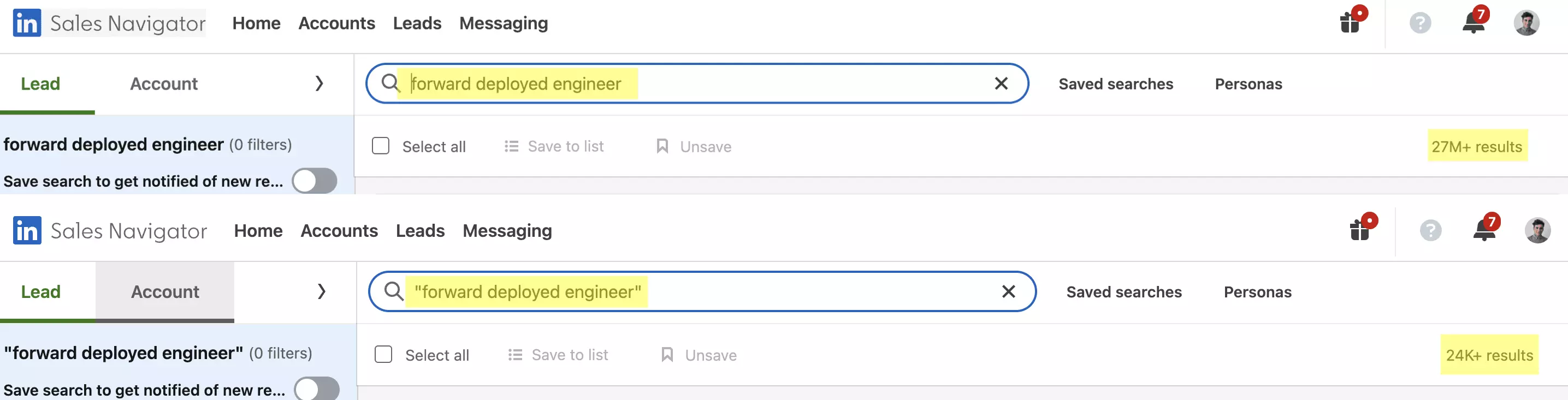 Two Sales Navigator searches stacked: forward deployed engineer without quotes returns 27M+ results, versus the quoted phrase which returns 24K+ exact-title results