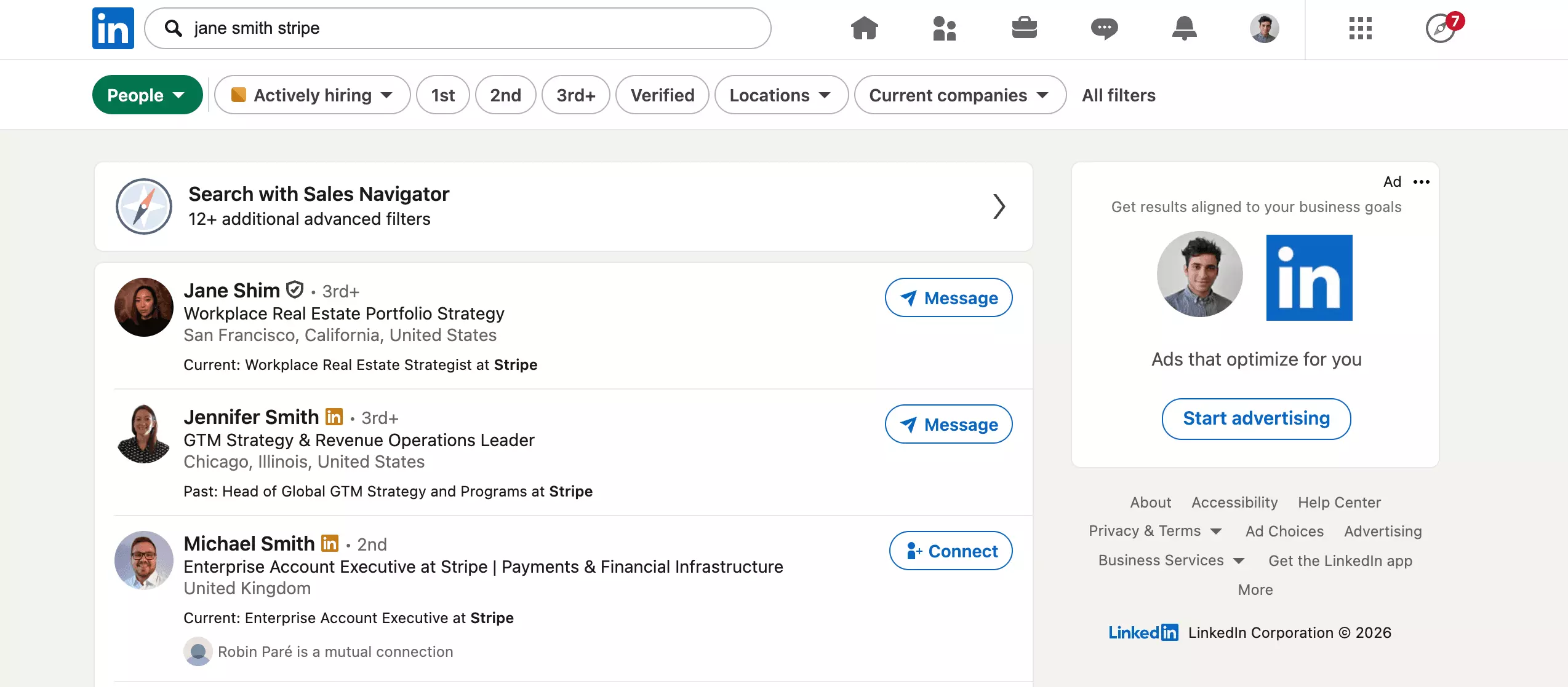 A LinkedIn People search combining a name and a company, People tab active with the filter bar on top