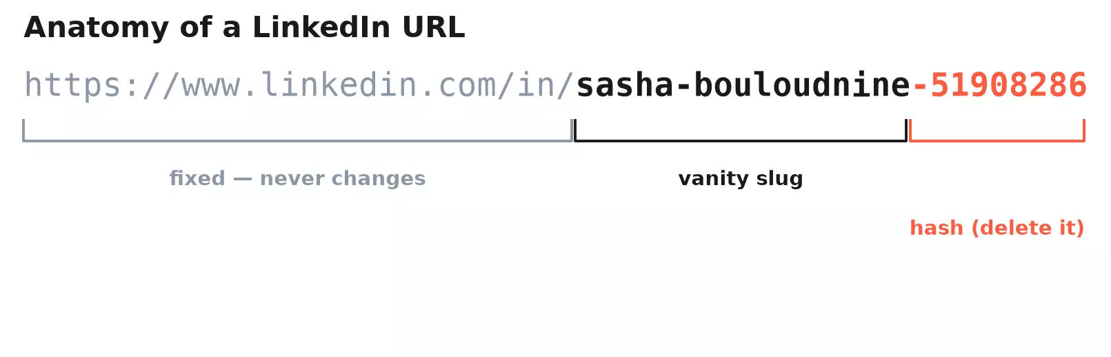 Anatomy of a LinkedIn URL: the fixed https://www.linkedin.com/in/ prefix, the editable vanity slug, and the trailing auto-generated hash you can delete