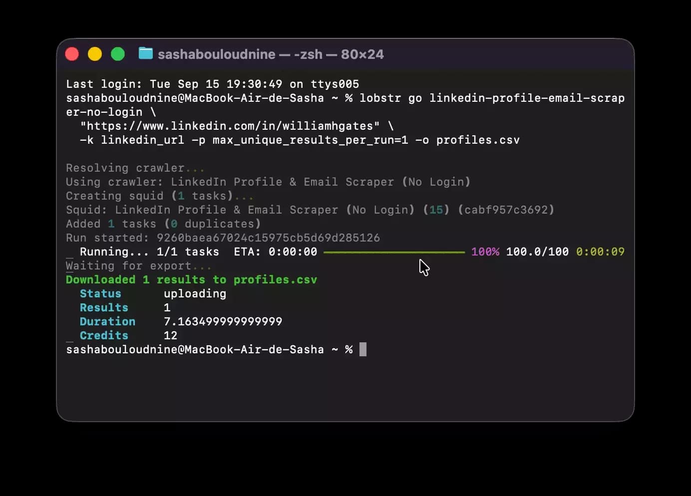 Terminal running the lobstr CLI on Bill Gates's LinkedIn URL: 1 task, 100%, one result downloaded to profiles.csv in 9 seconds