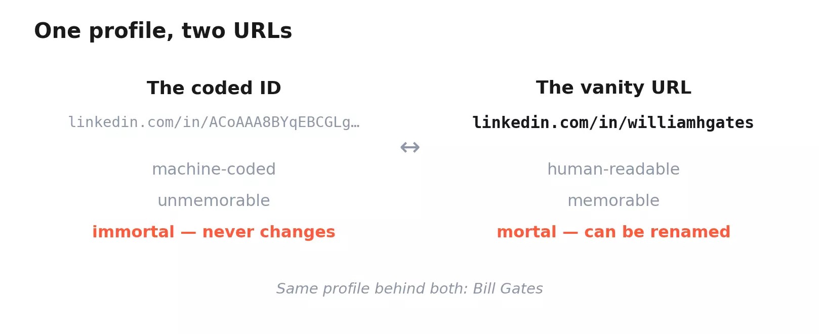 Diagram: the same LinkedIn profile carries a coded ID (machine-coded, unmemorable, never changes) and a vanity URL (human-readable, memorable, can be renamed) β Bill Gates's real pair